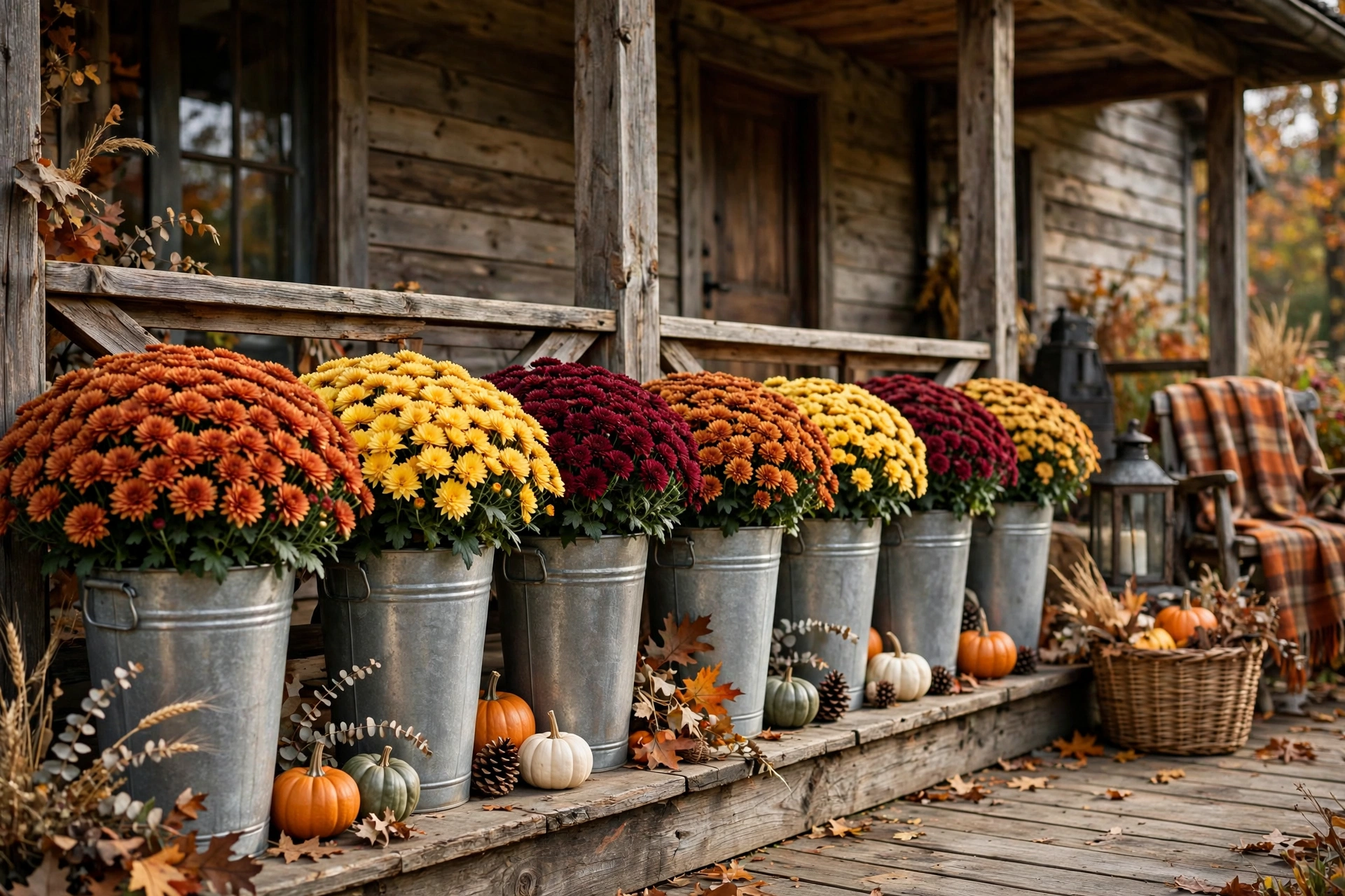 Full mums in tall galvanized metal buckets lined along a farmhouse porch.