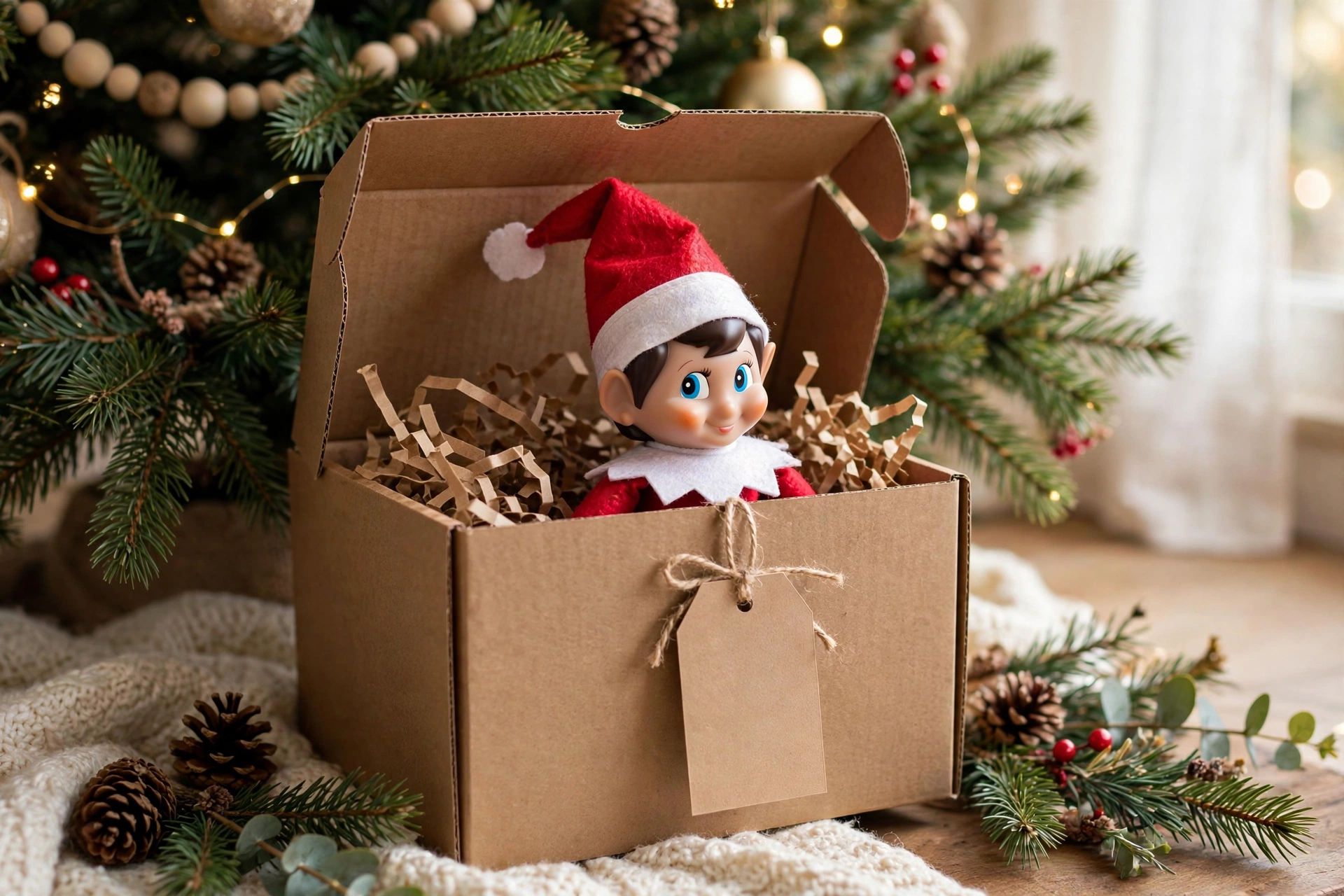 Gift box surprise elf arrival — elf on the shelf arrival idea