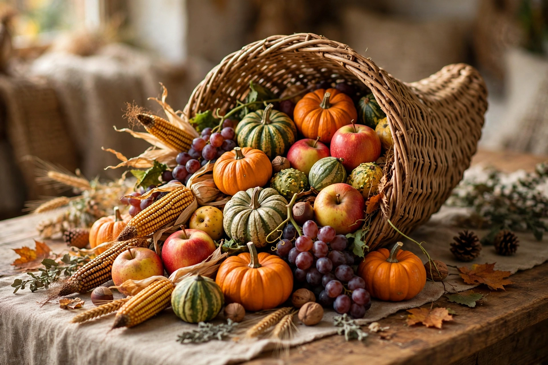 Overflowing harvest cornucopia — Thanksgiving centerpiece idea