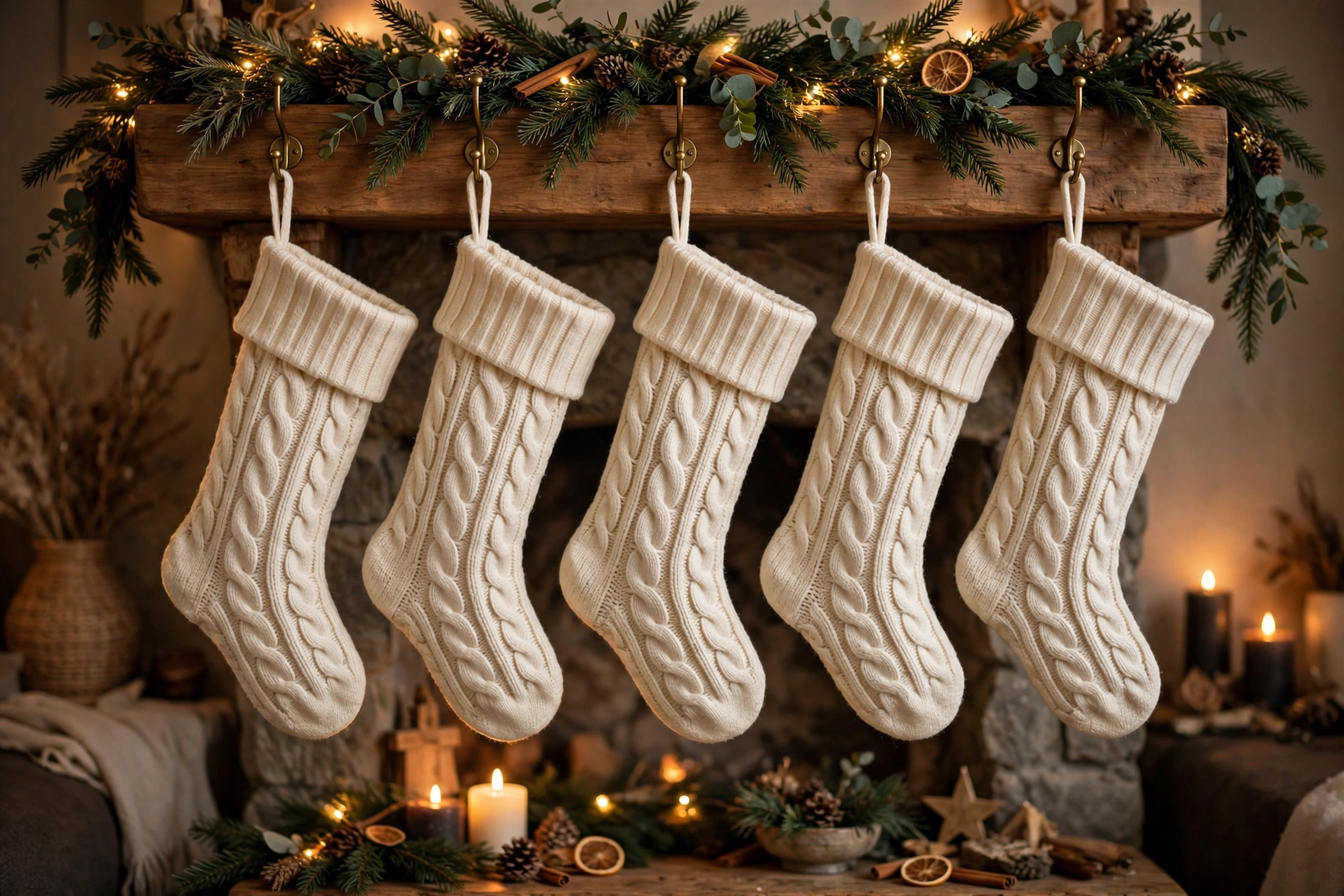 Cream cable-knit Christmas stockings hung in a row from brass hooks on a wooden mantel.