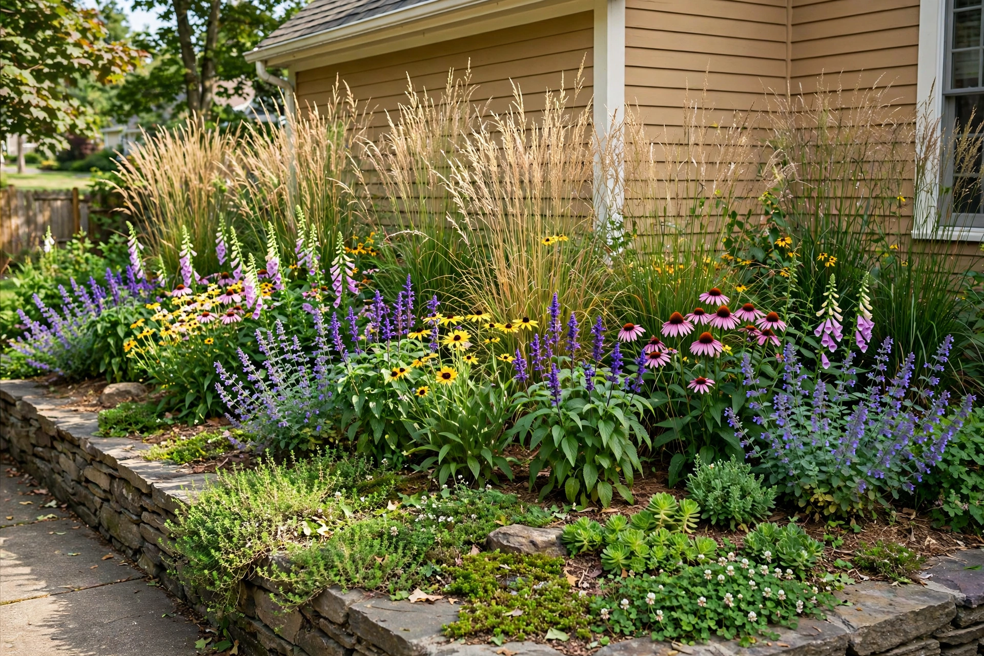 Layered flower bed with tall grasses, mid-size perennials, and low groundcover in a front yard corner.