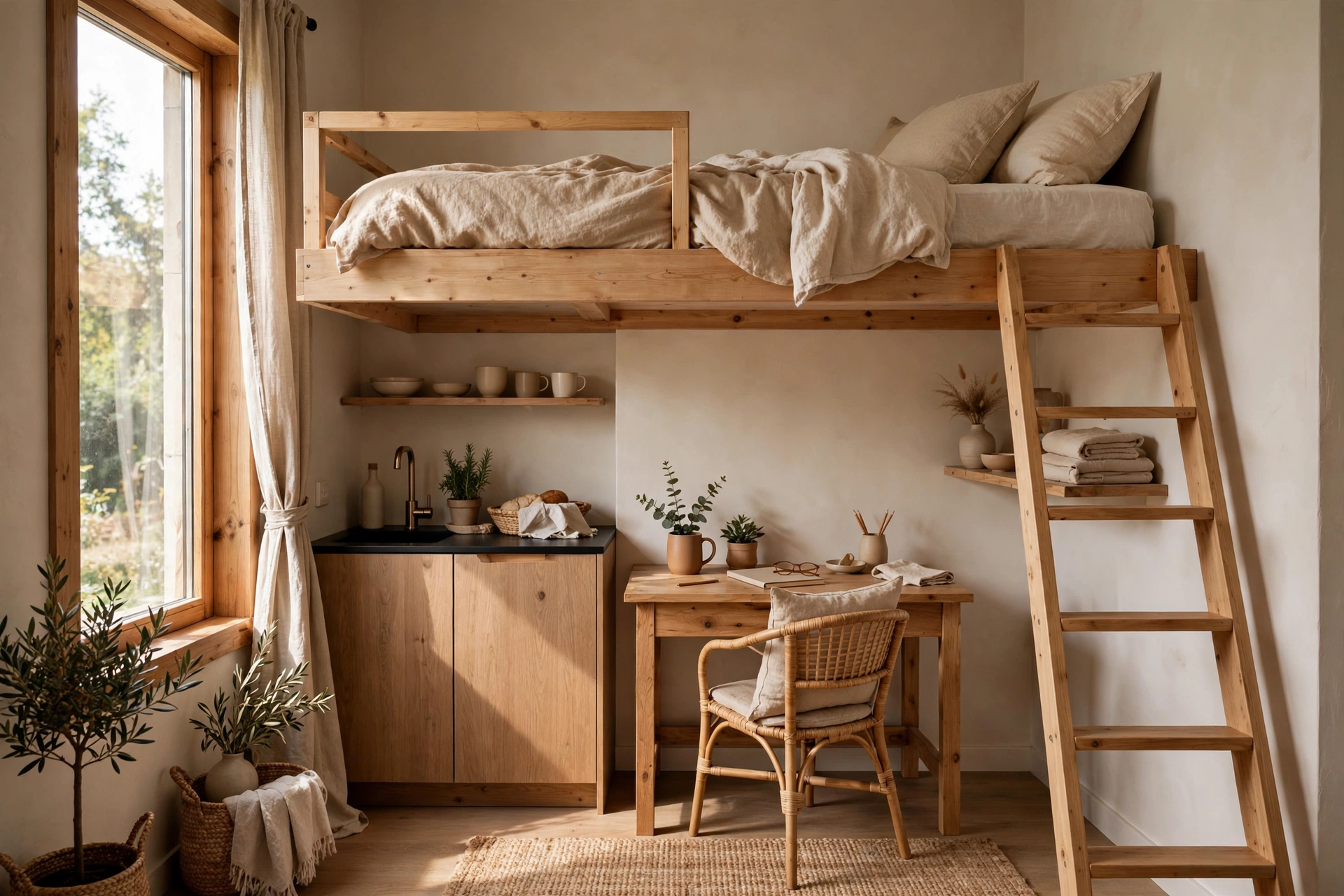 A studio apartment with a lofted bed and a small wooden desk with a chair underneath it
