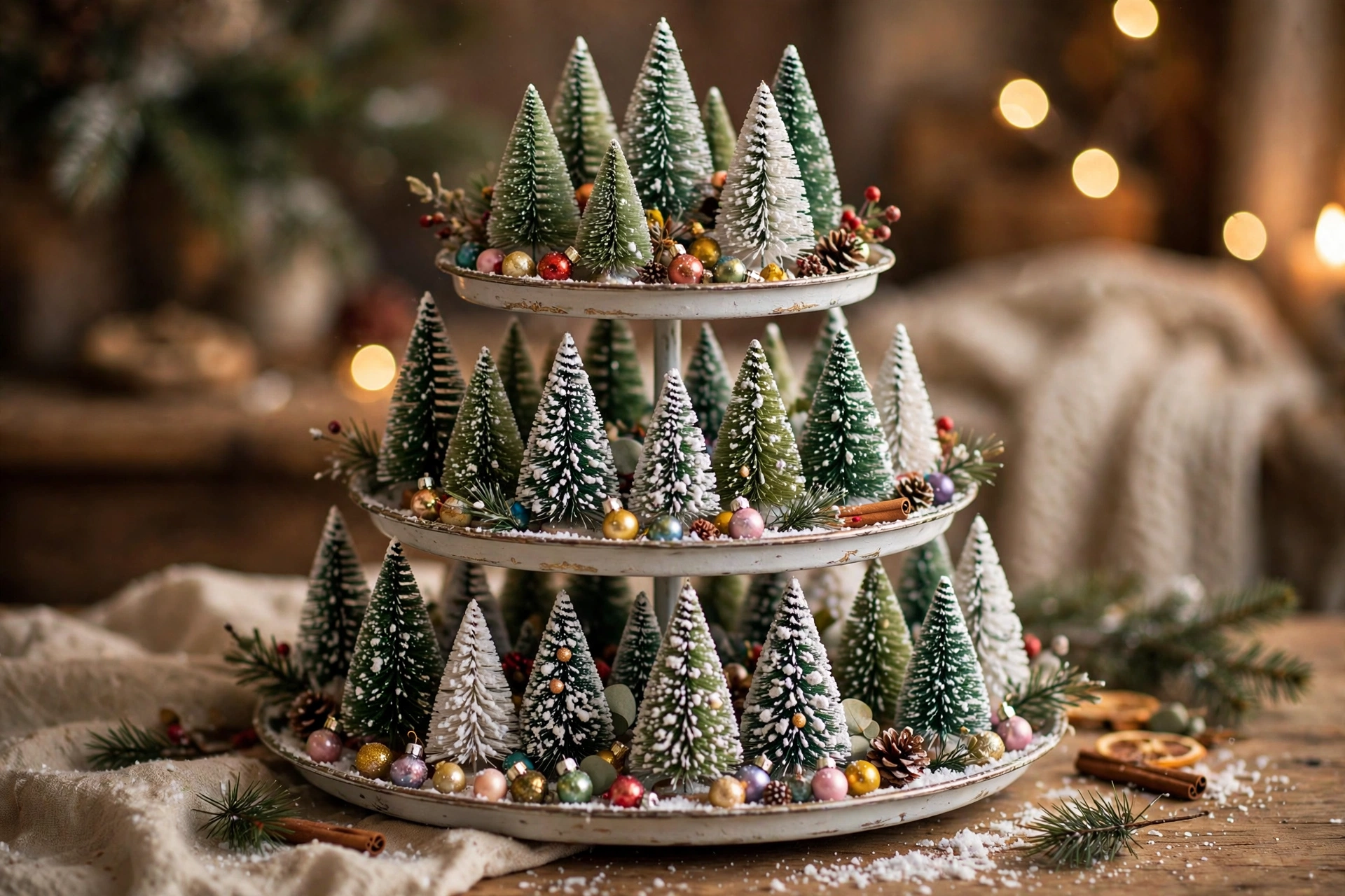 Mini bottle brush tree forest — Christmas tiered tray idea