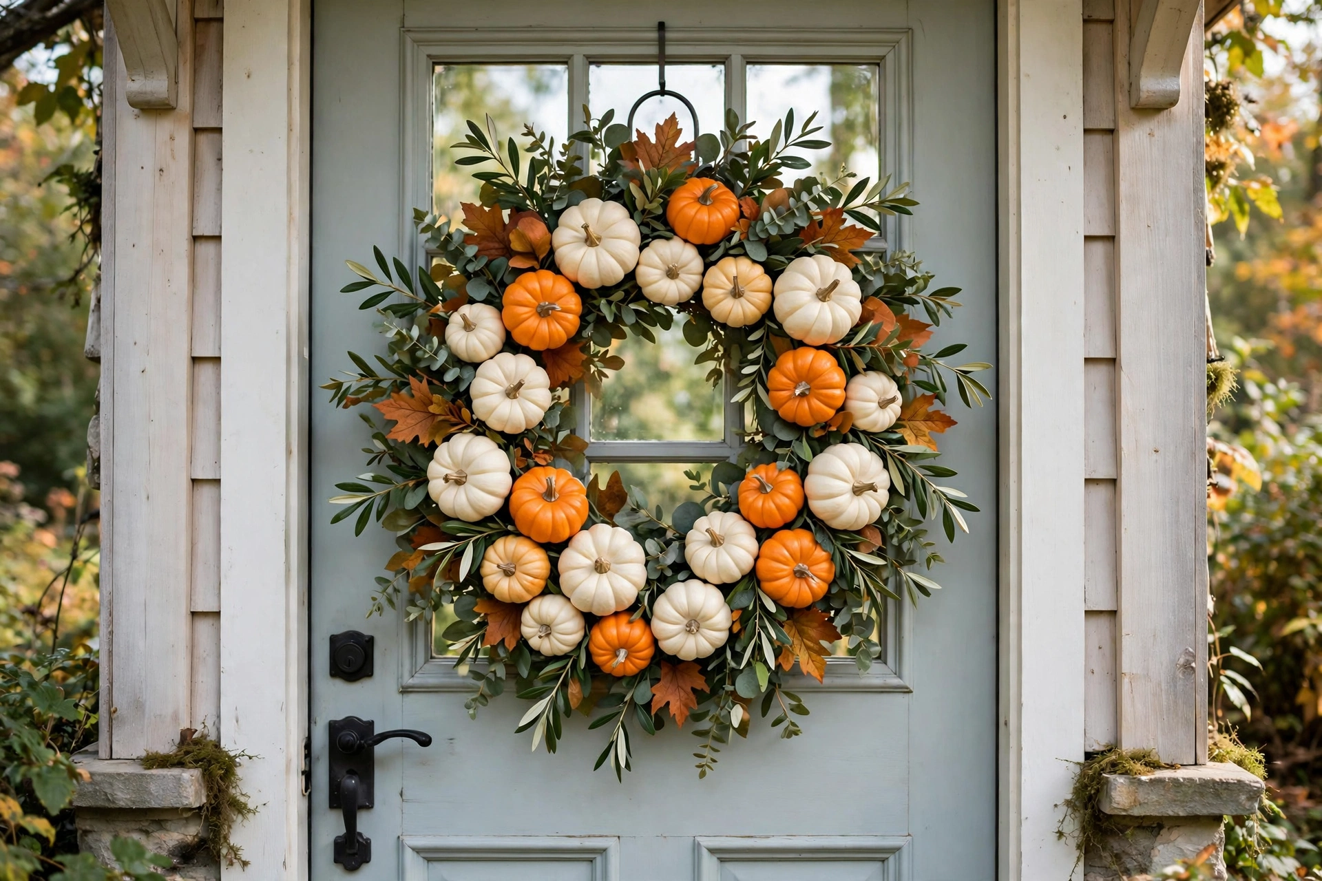 Lush wreath covered in mini white and orange pumpkins on a farmhouse front door.