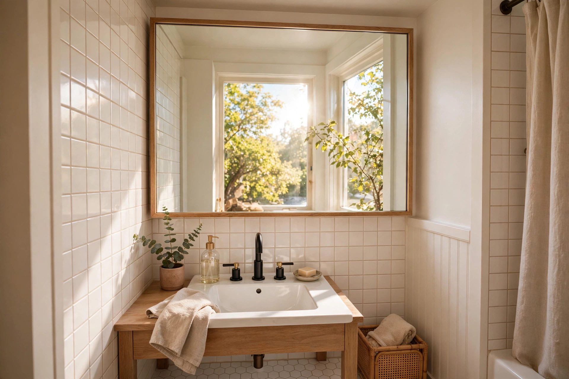 Oversized mirror in a tiny bathroom — small bathroom decor idea