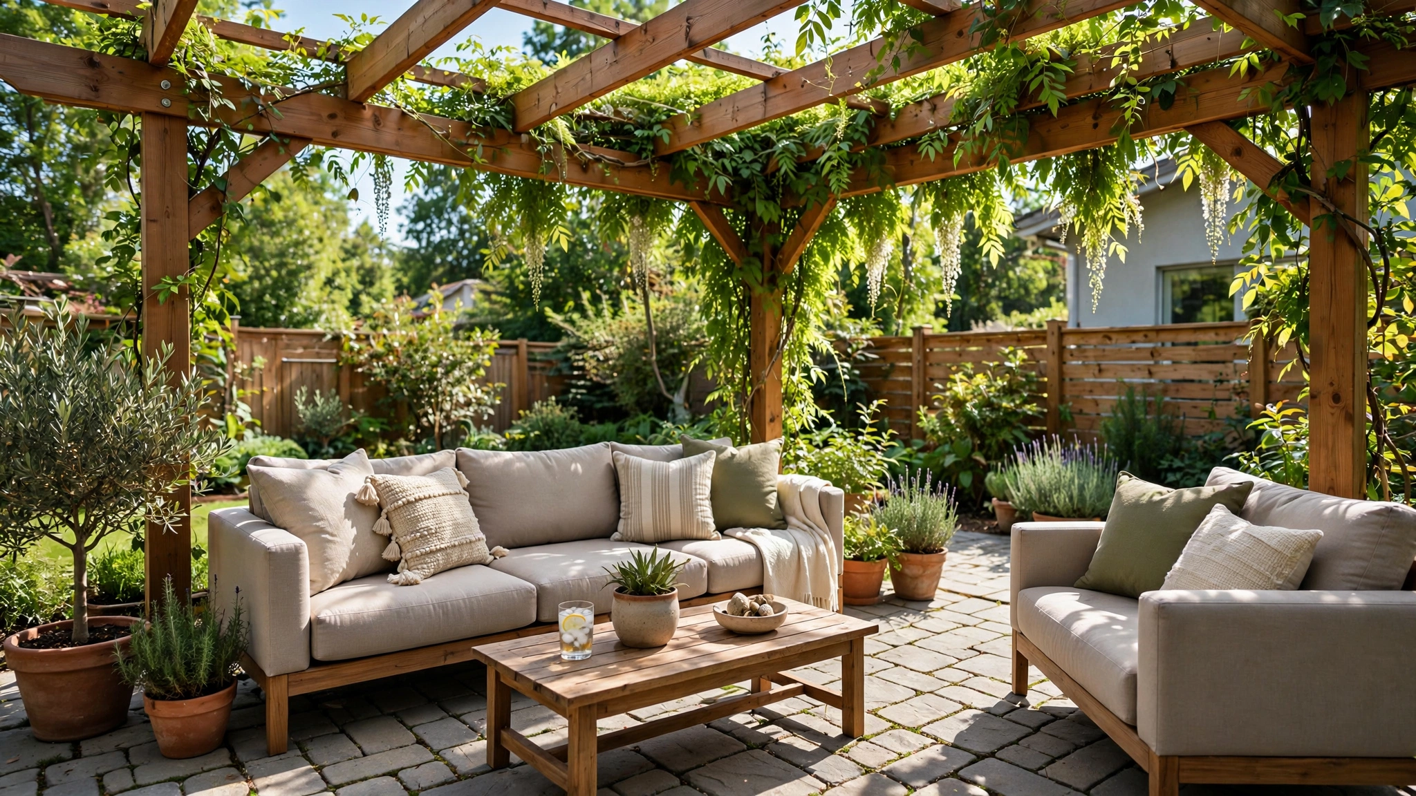 A paver stone patio with a wooden pergola overhead, furnished with an outdoor sofa set and climbing vines