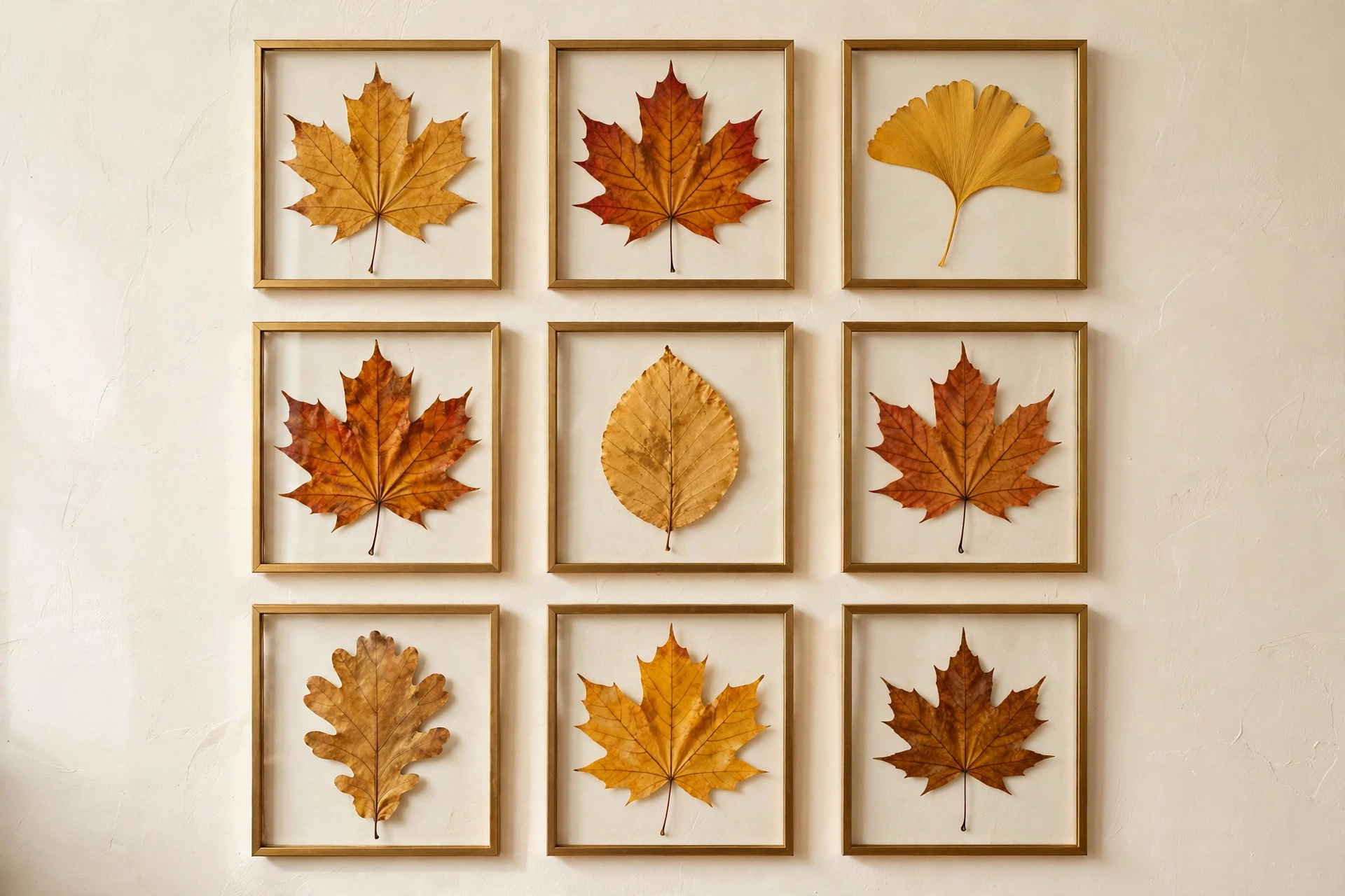 Framed pressed autumn leaves in gold and maple arranged in a grid on a cream wall.
