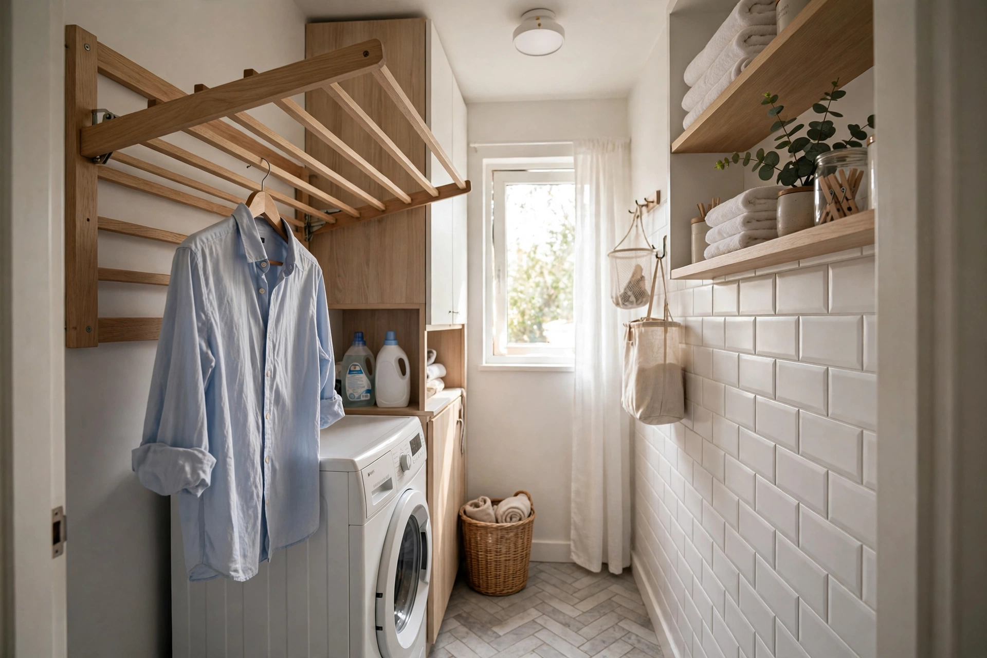 Pull-out wall-mounted drying rack — small narrow laundry room idea