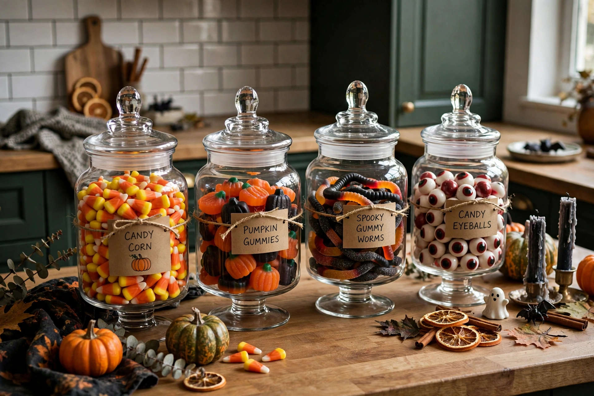 Glass apothecary jars filled with candy corn and halloween candy labeled on a kitchen counter.