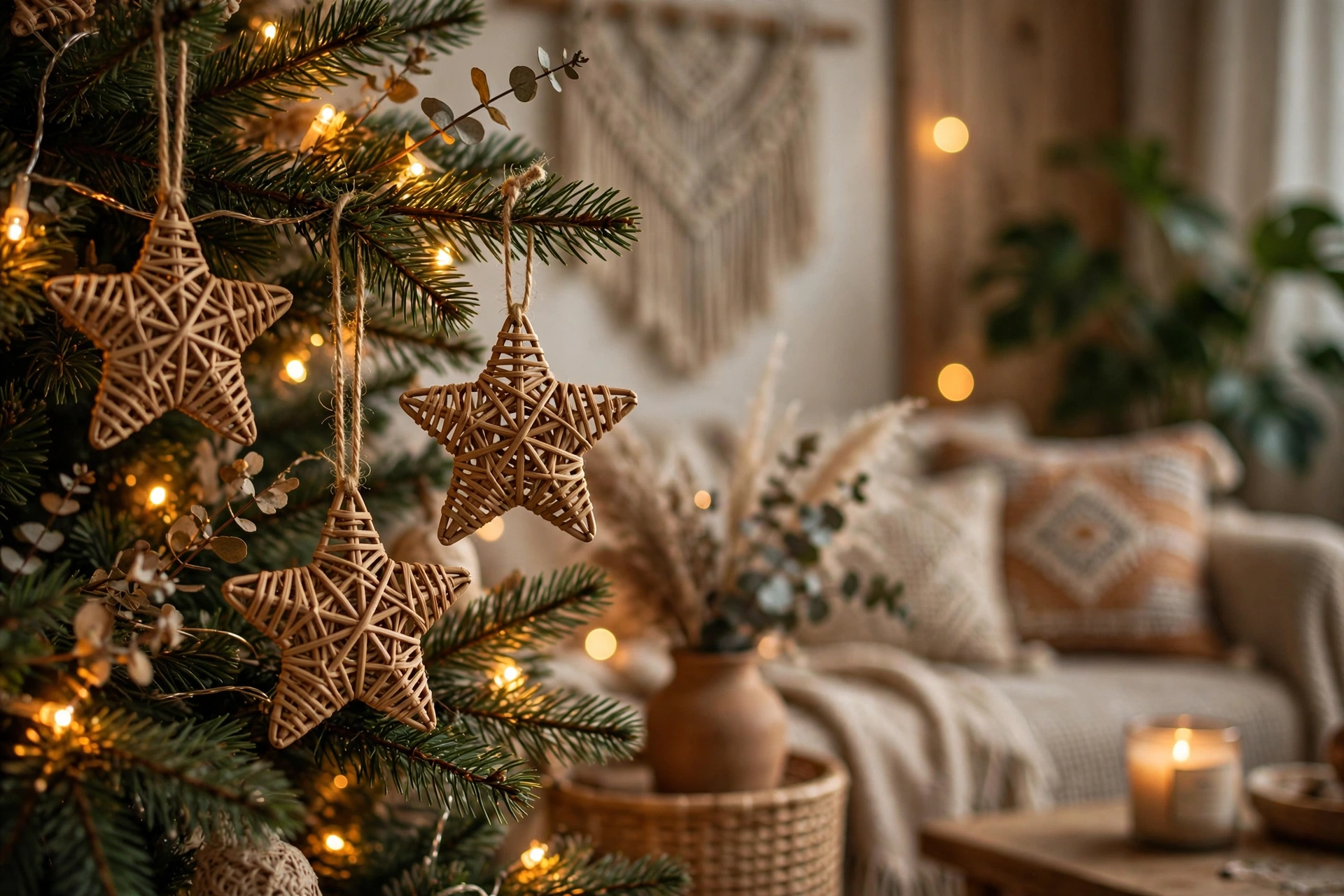 Woven rattan star ornaments hanging on a Christmas tree among warm lights