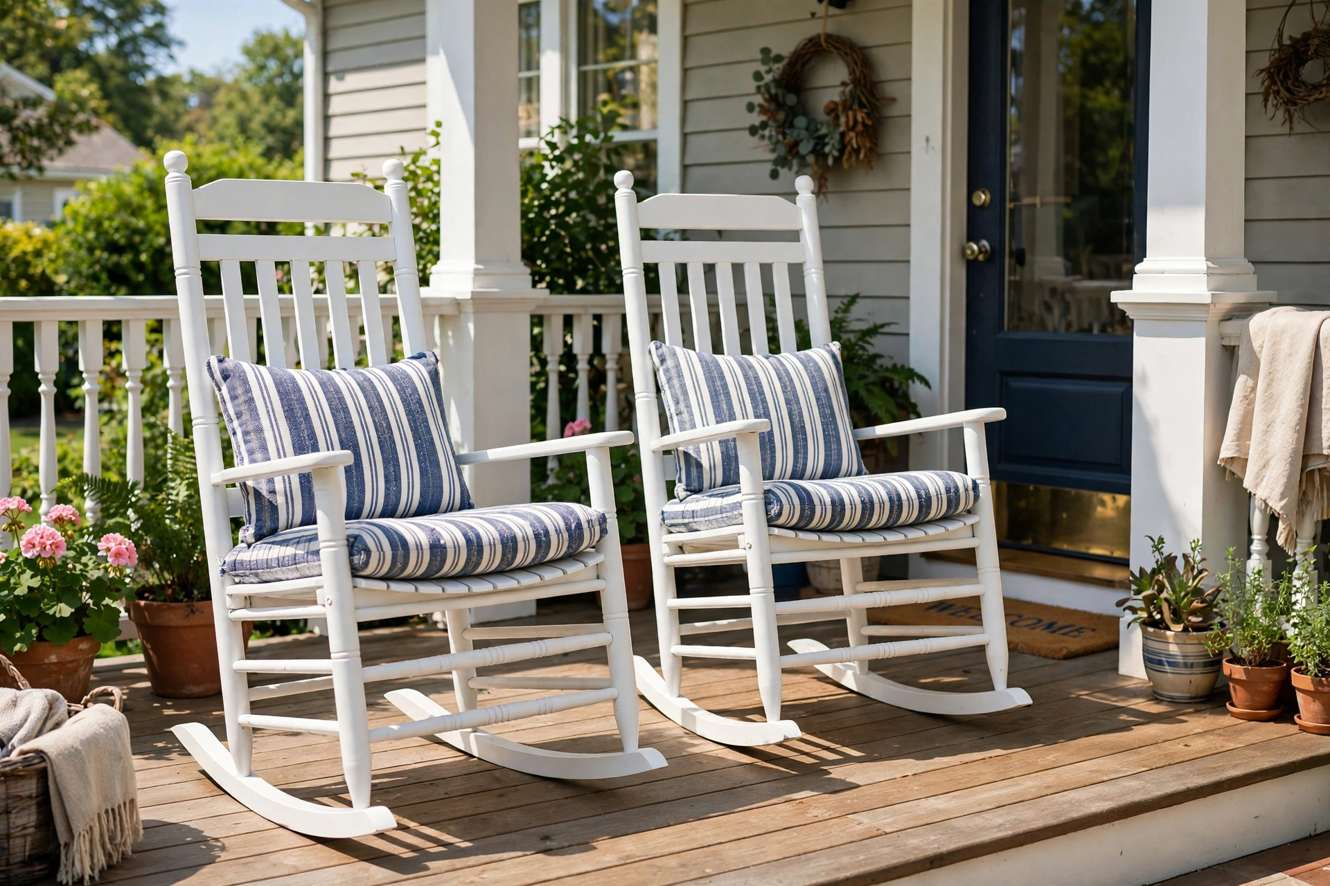 Two white rocking chairs with striped cushions on a sunny front porch.