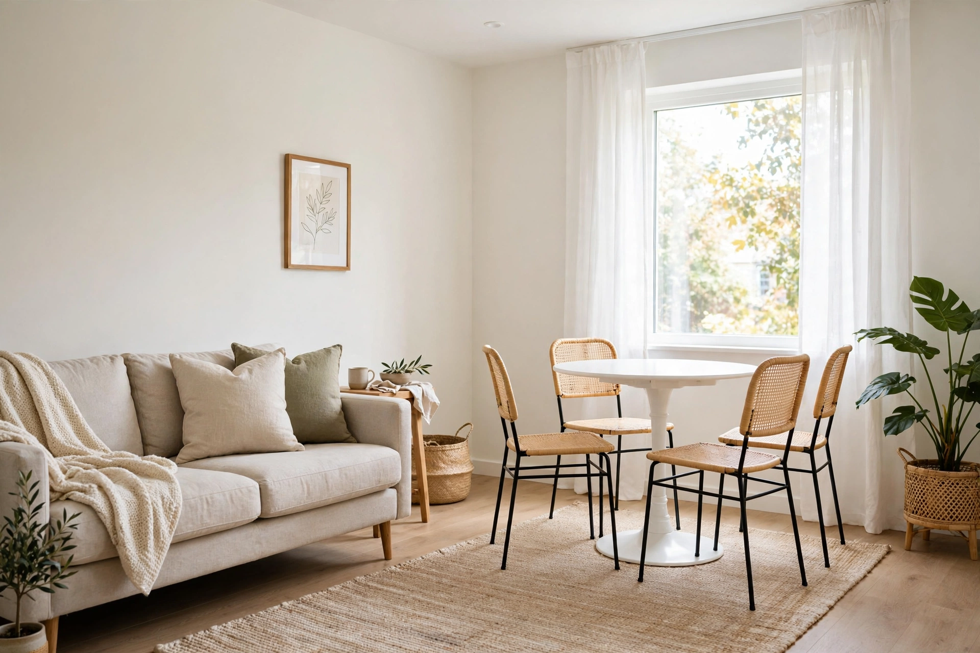 Round white dining table with four chairs in a compact living dining combo room.