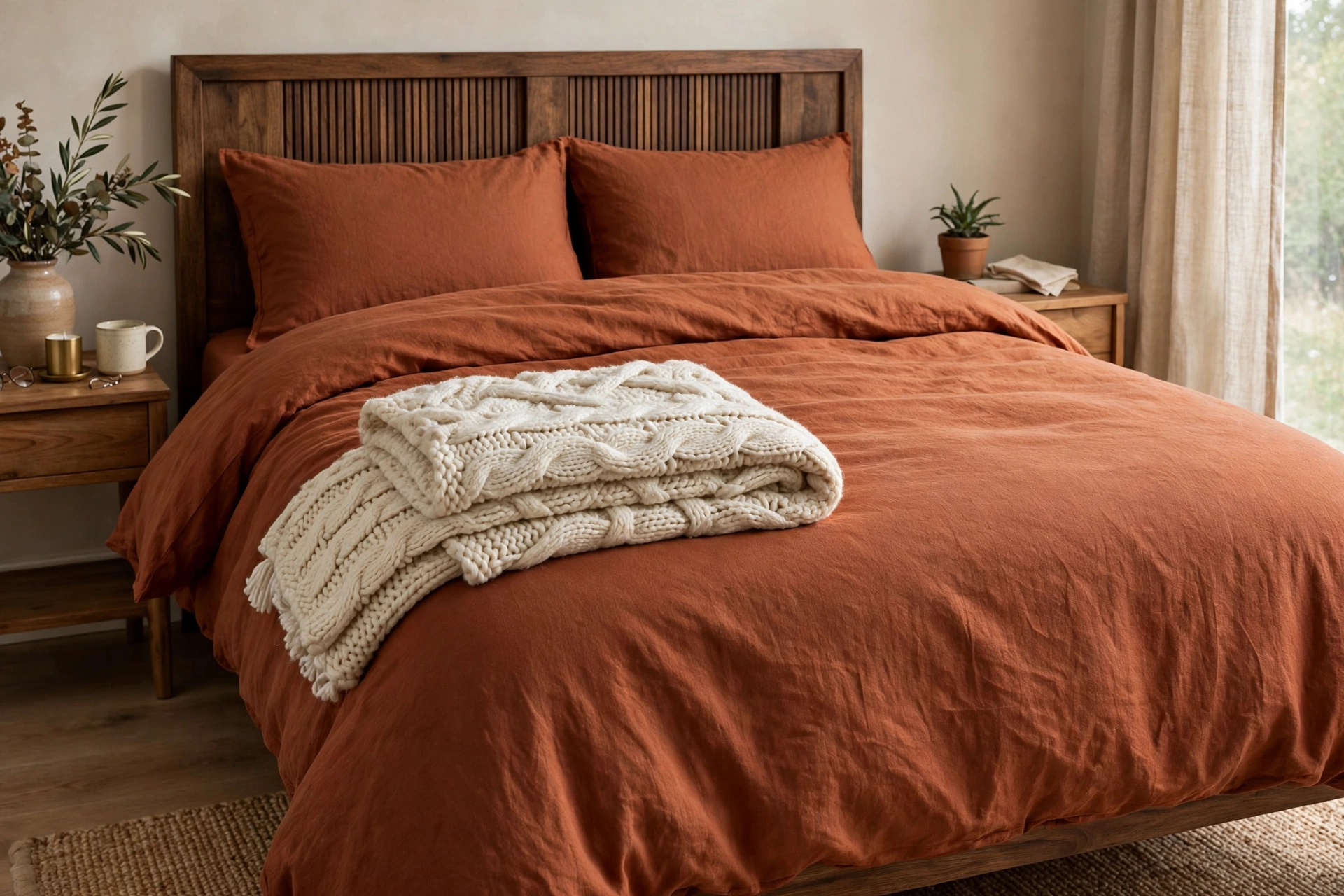 Rust duvet cover with a chunky cream knit throw folded at the foot of a bed.