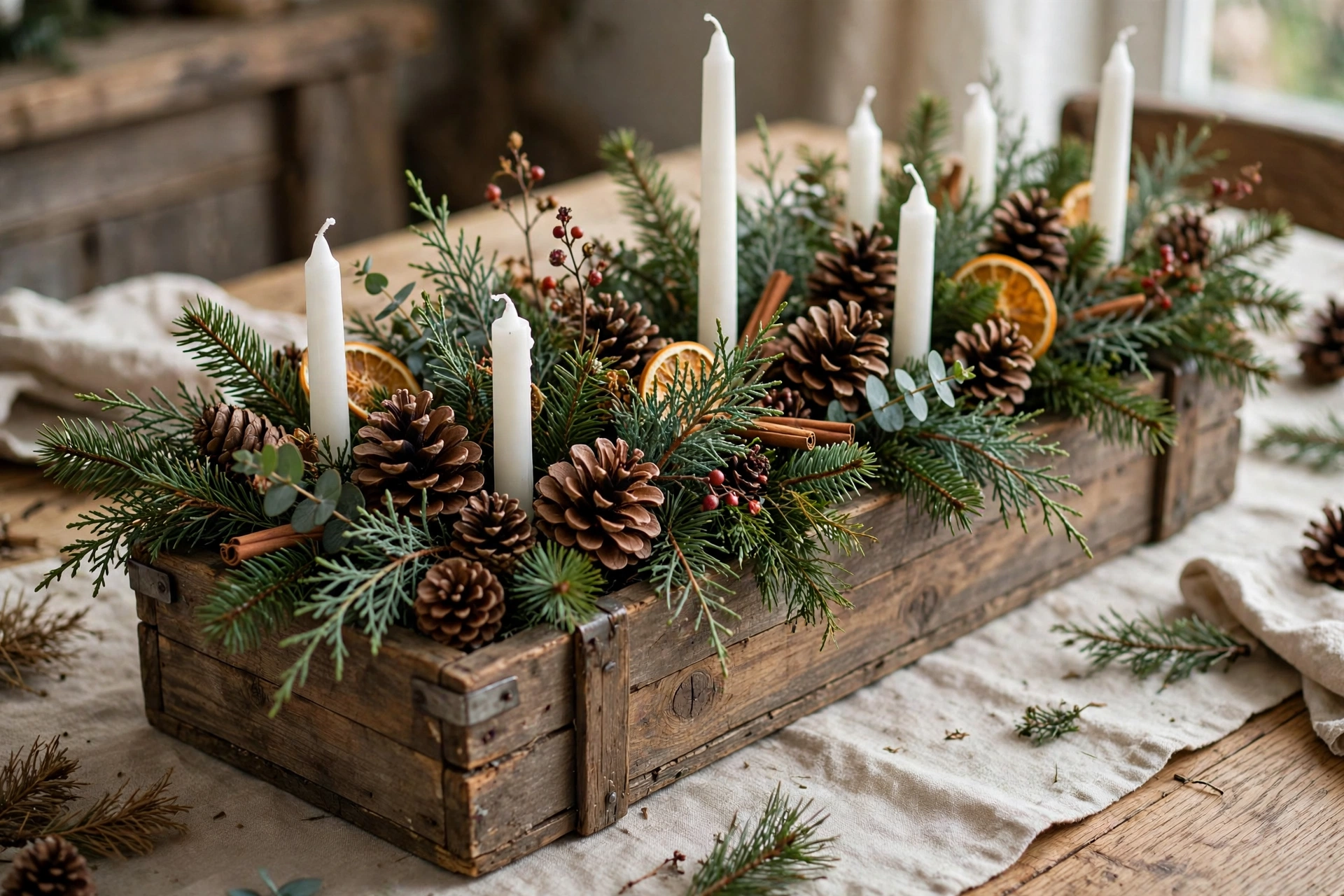 Wooden box filled with pinecones, evergreen sprigs, and white taper candles on a rustic table.