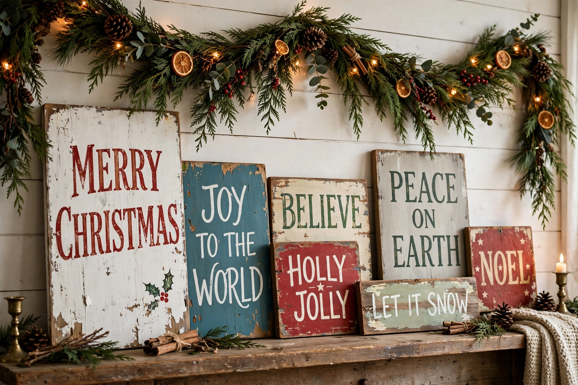 Gallery of rustic painted wood Christmas signs in different sizes leaning on a farmhouse mantel.