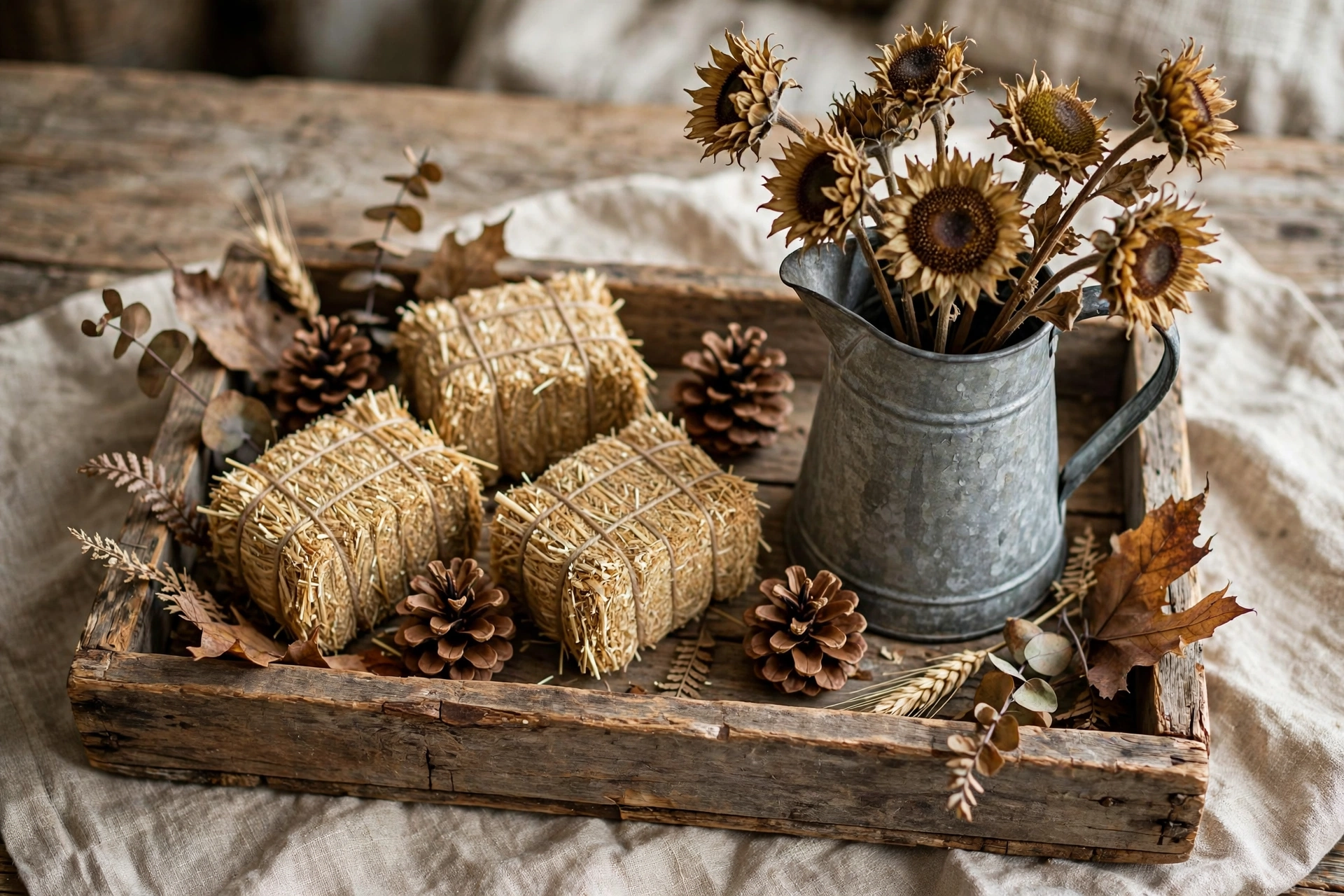 Reclaimed wood tray with mini hay bales, pinecones, and a metal pitcher of dried sunflowers.