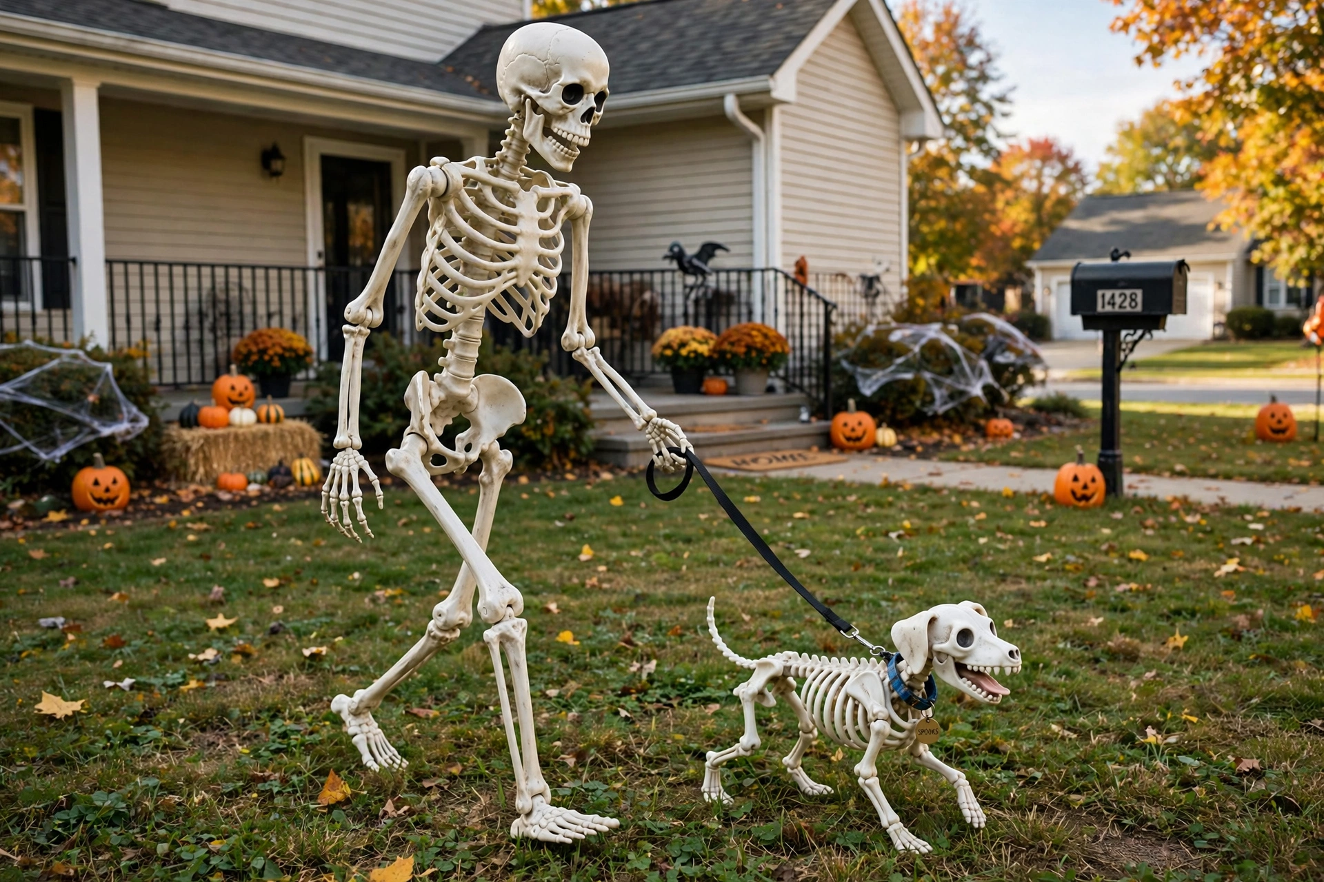 Plastic skeleton holding a leash attached to a small skeleton dog on a suburban lawn.
