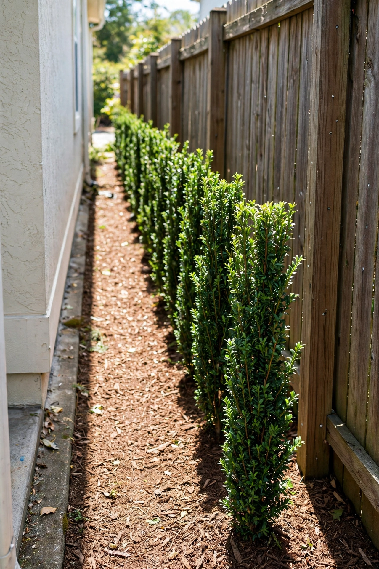 Slim row of narrow evergreen shrubs planted along a wooden fence in a narrow side yard, mulched bed, sunny day.