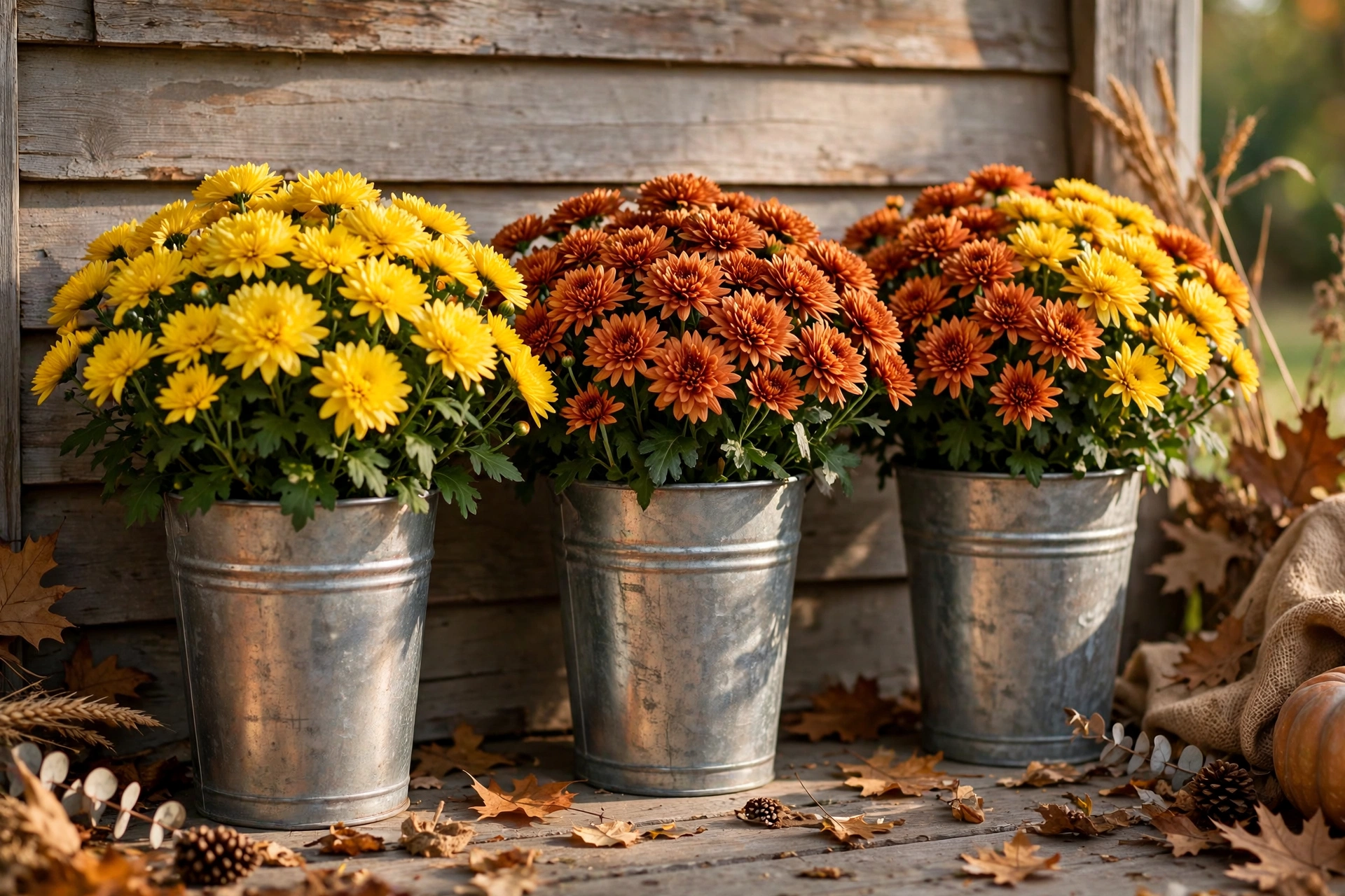 Yellow and rust mums in galvanized buckets against a porch wall.