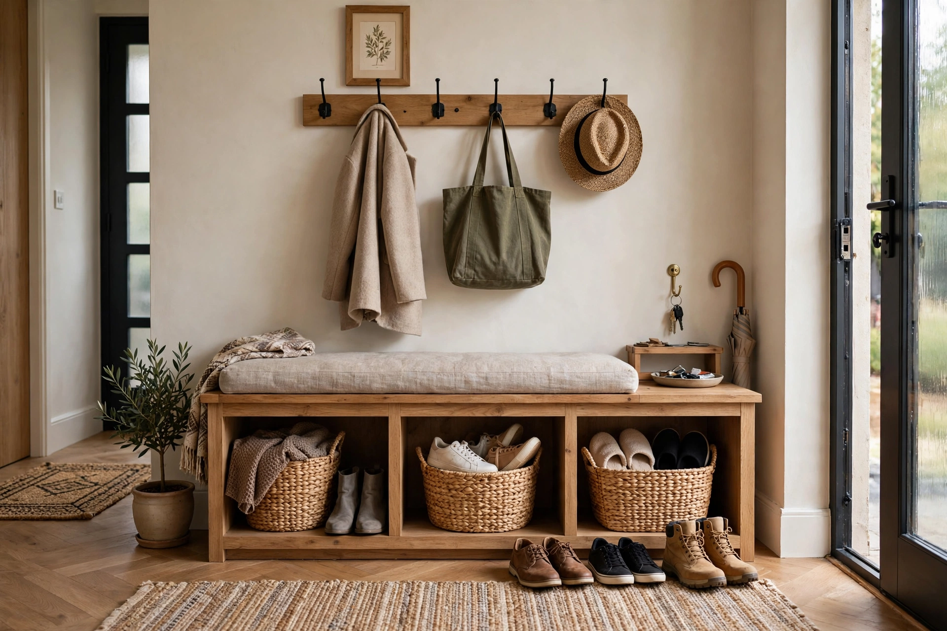 Storage bench with cubbies — drop zone idea
