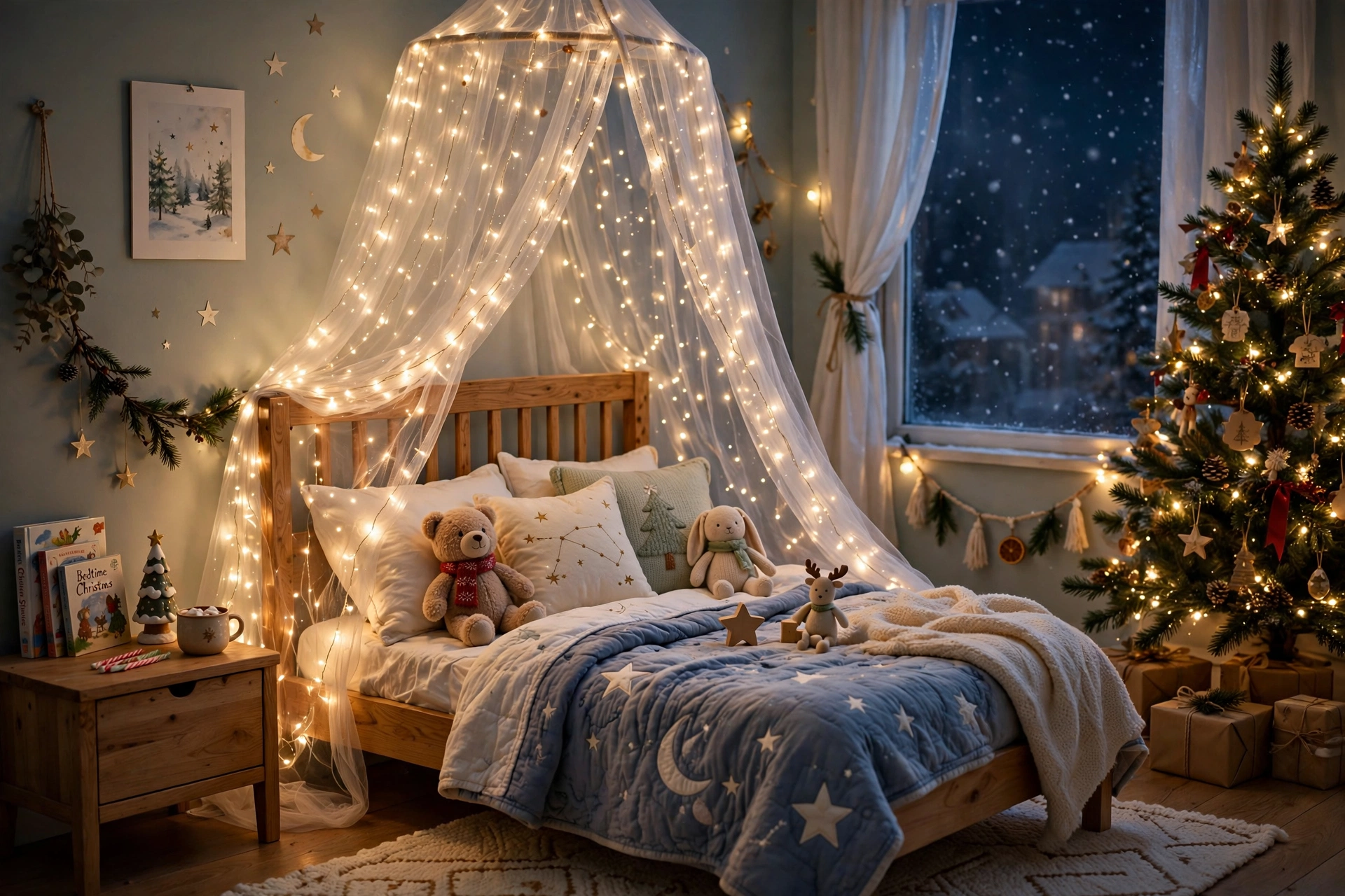 Twinkle light canopy — Christmas bedroom idea for kids