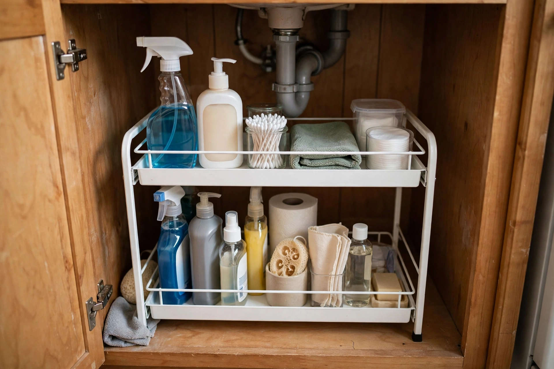 Inside a small bathroom vanity cabinet with a white two-tier under-sink organizer holding cleaning bottles and toiletries neatly arranged, realistic photo, no text