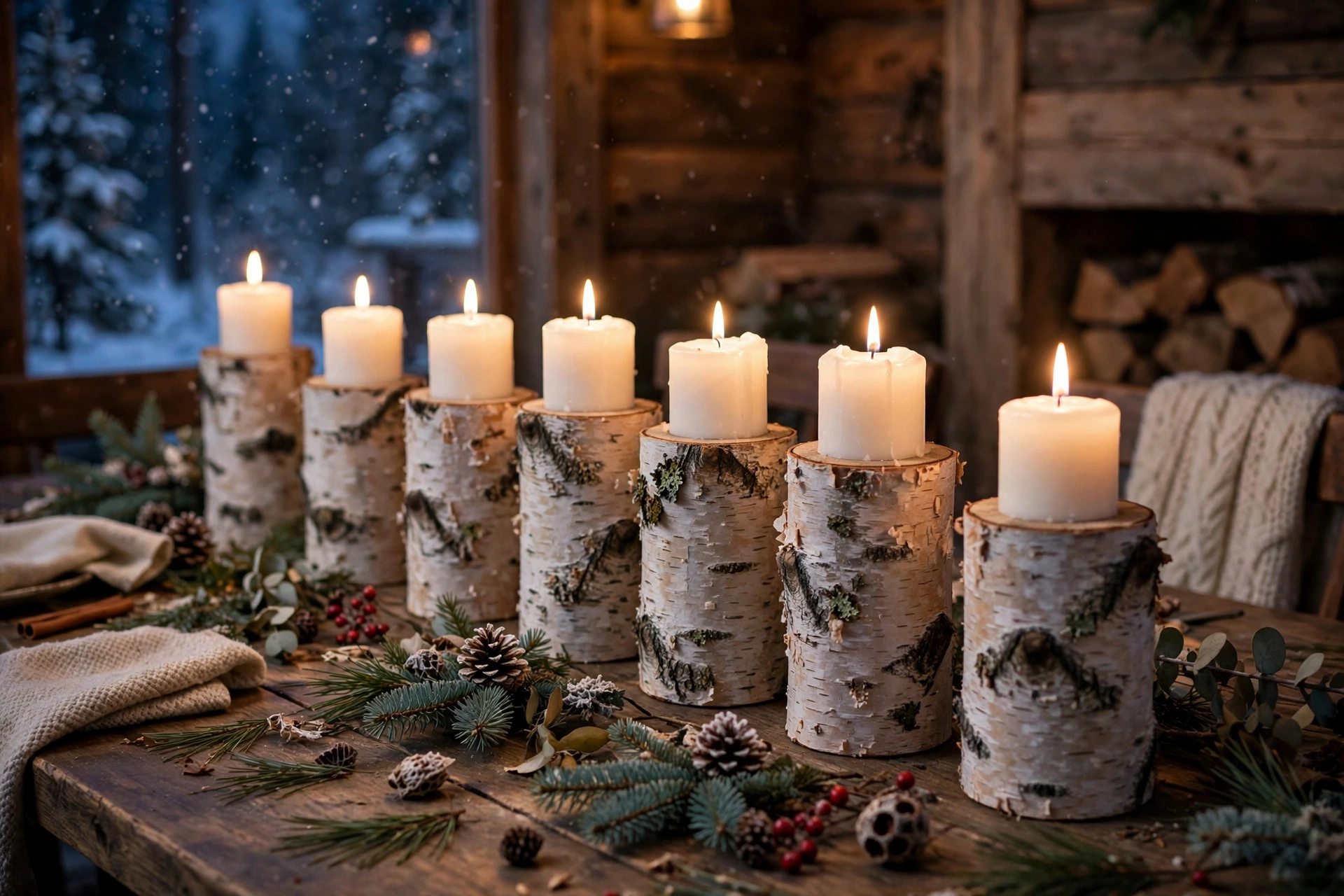 White birch log candle holders with lit pillar candles on a dining table