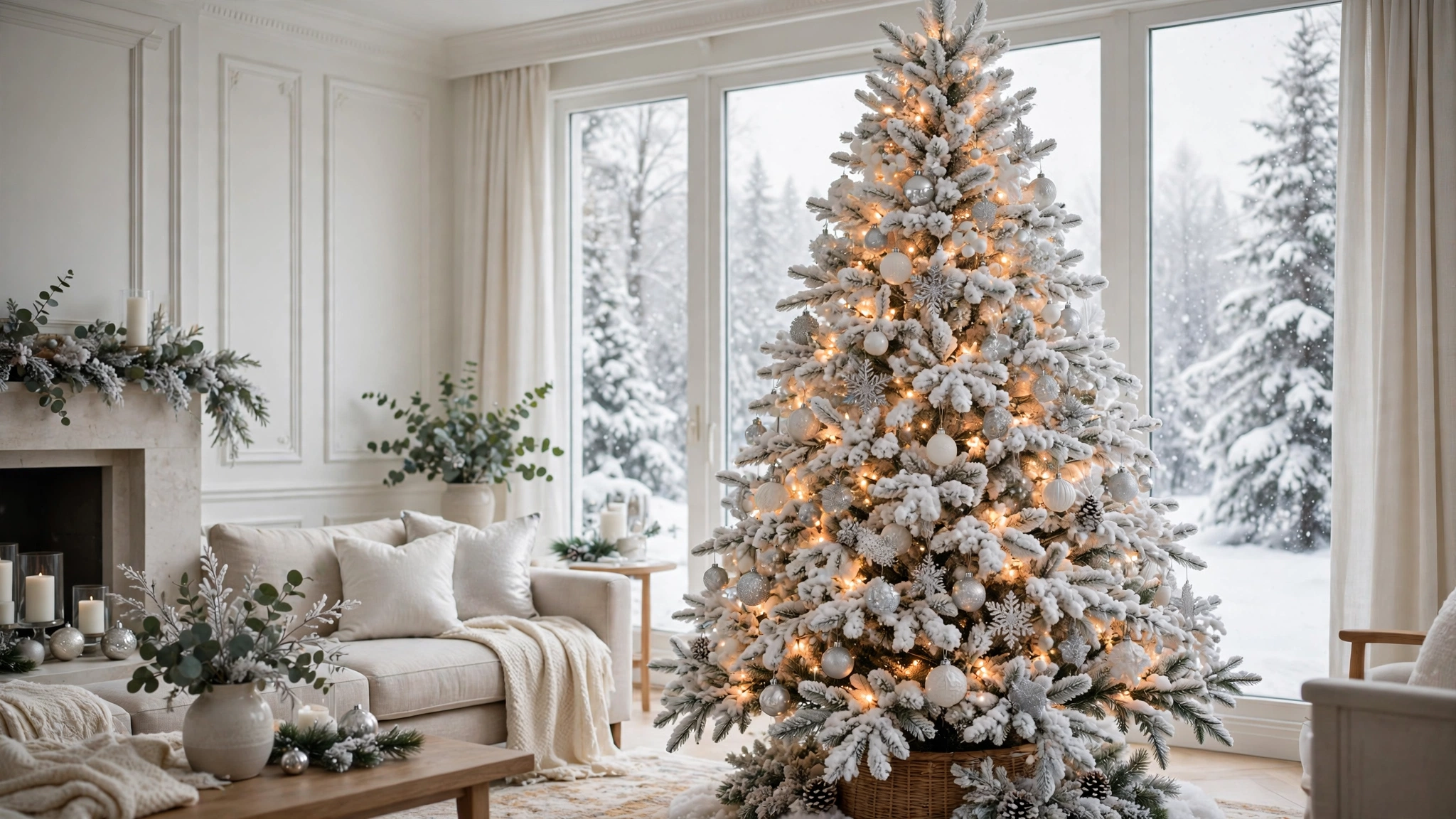 white flocked Christmas tree with silver and white ornaments and warm glowing lights