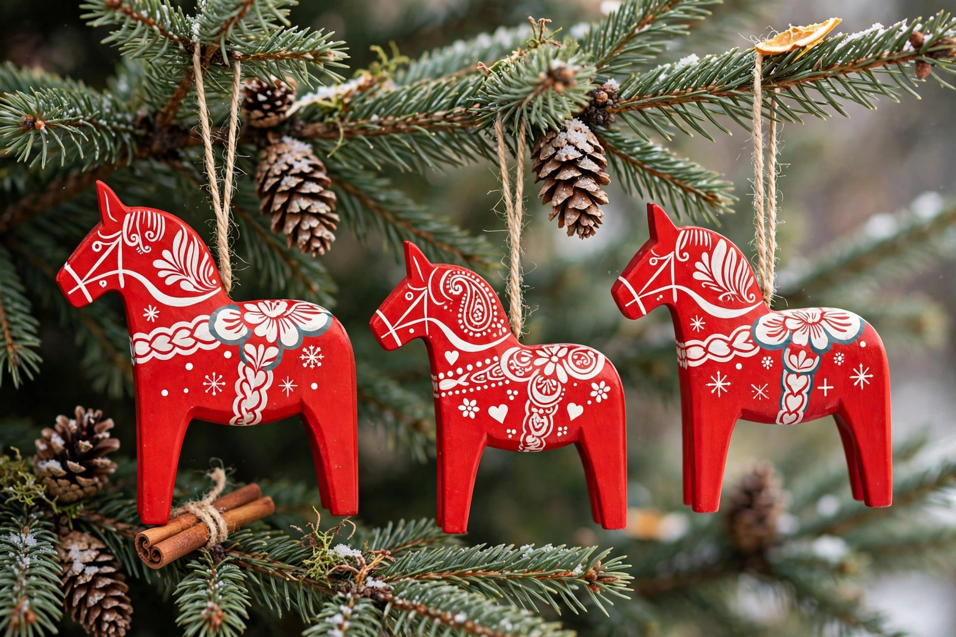 Red and white wooden Dala horse ornaments hanging on a Christmas tree branch.