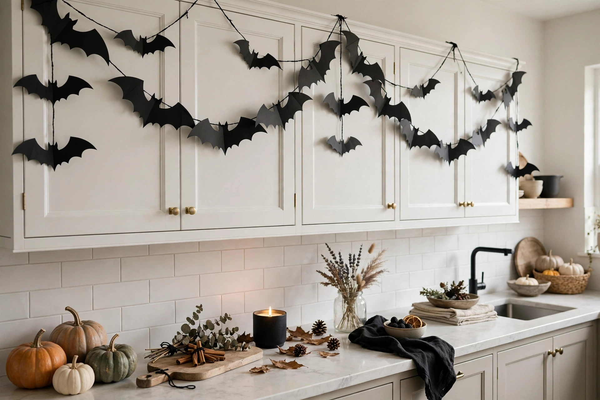 Black paper bat garland draped along the top of white kitchen cabinets.