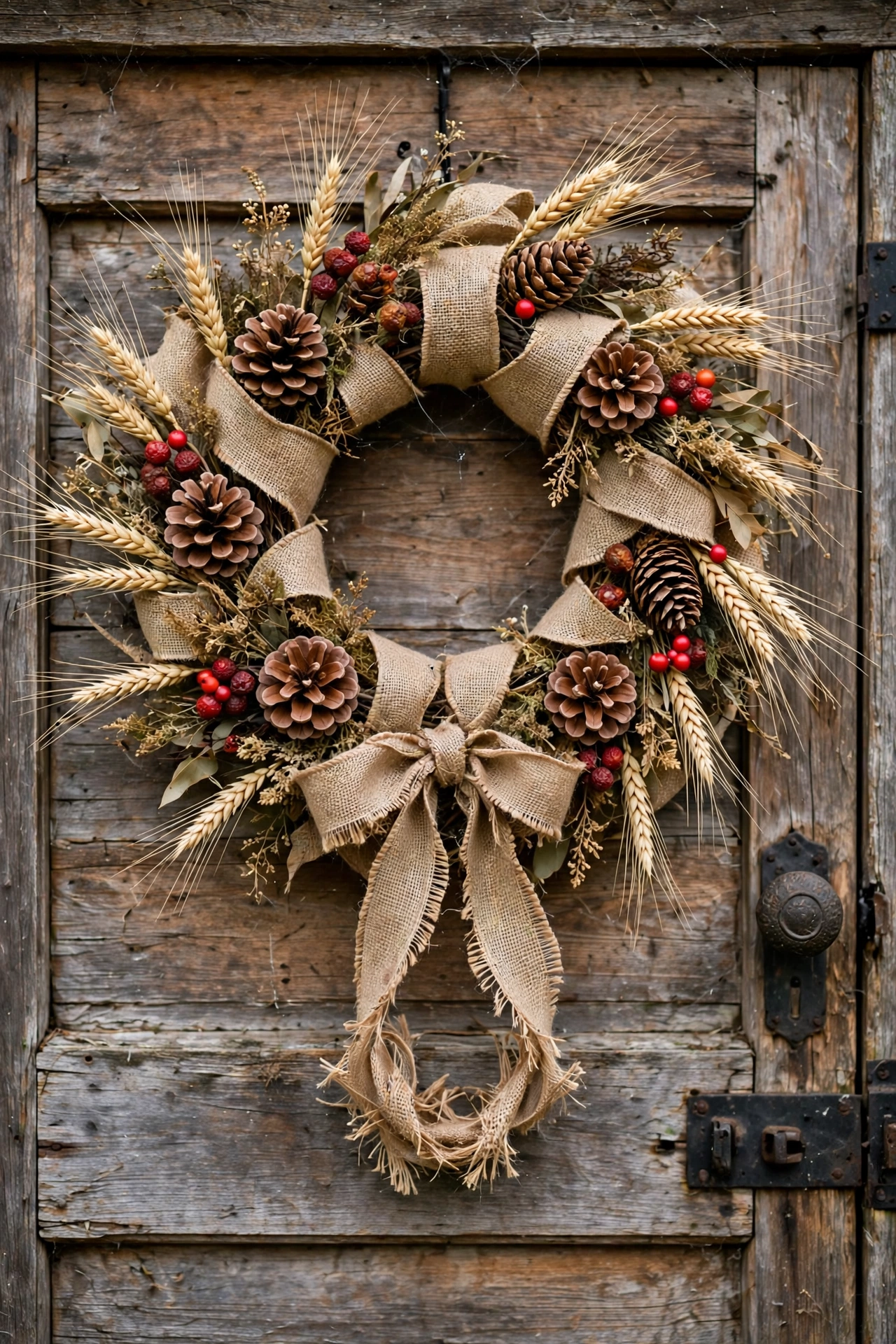 Rustic burlap ribbon wreath decorated with pinecones, berries and dried wheat on a wooden door.