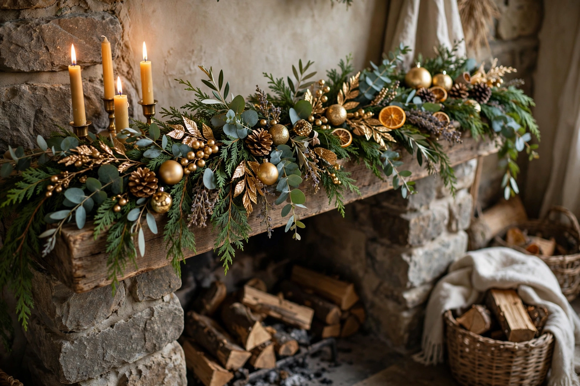 Cedar and eucalyptus garland with gold accents on a rustic stone fireplace mantel.