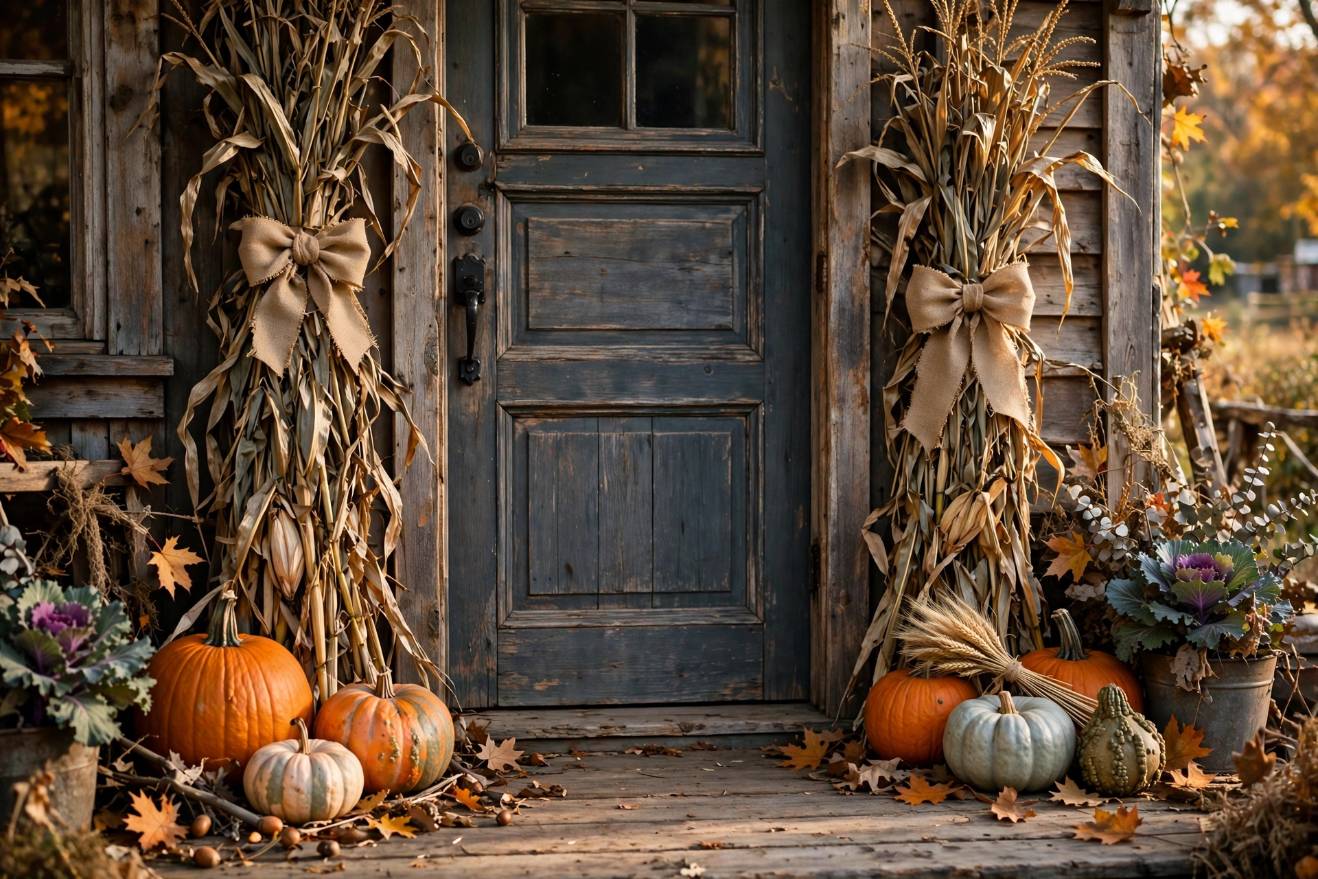 Dried cornstalks tied on both sides of a farmhouse door with burlap bows.