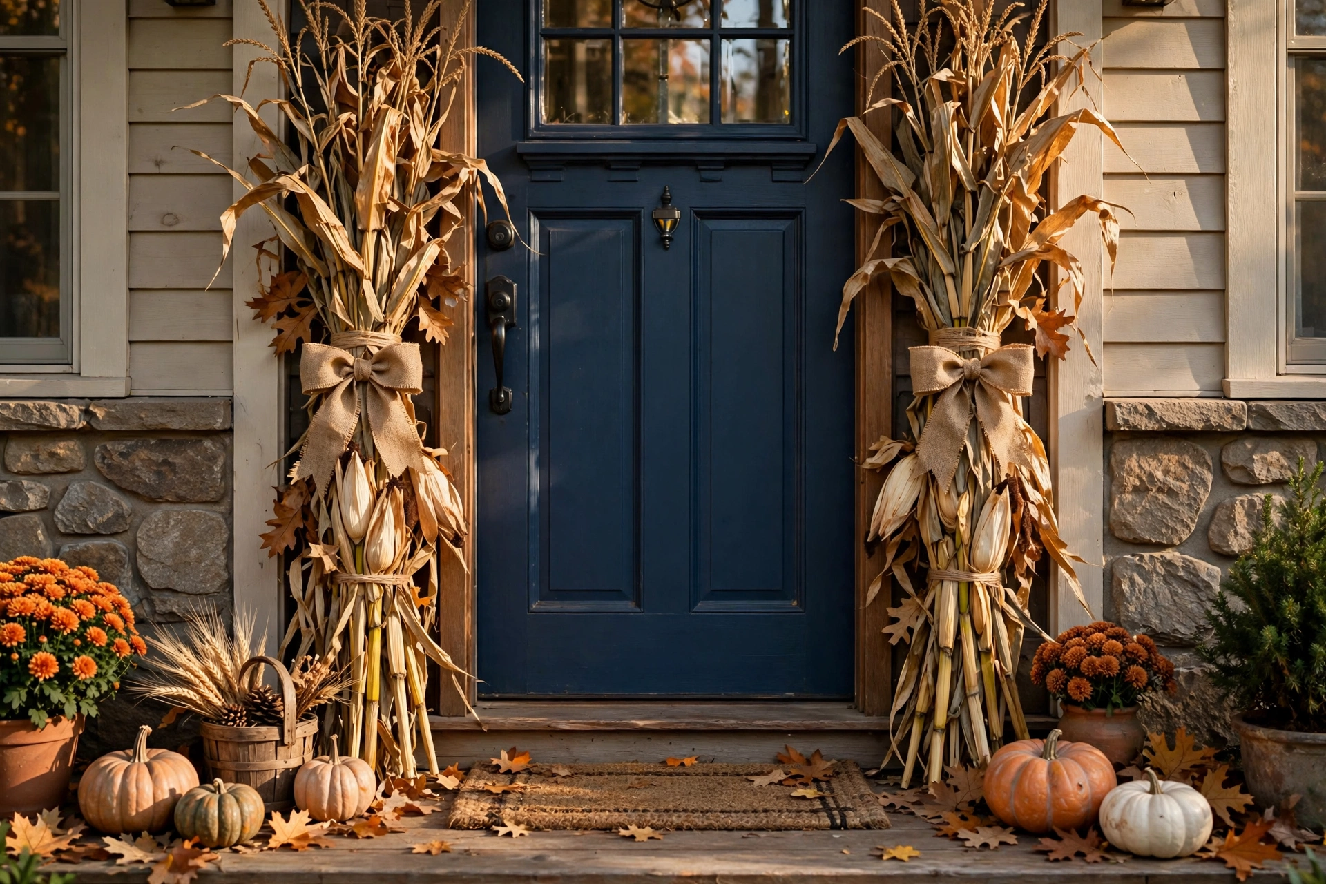 Dried cornstalks tied on both sides of a front door with burlap bows.