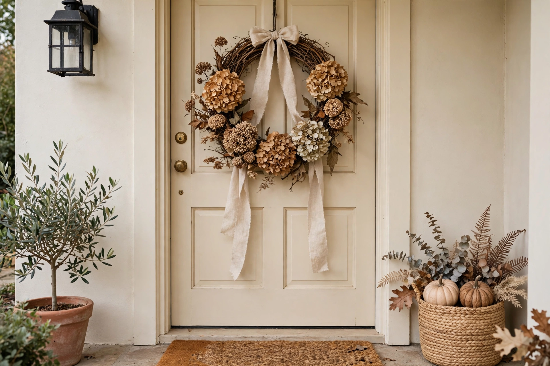 Natural grapevine wreath with dried hydrangeas and linen ribbon on a front door.