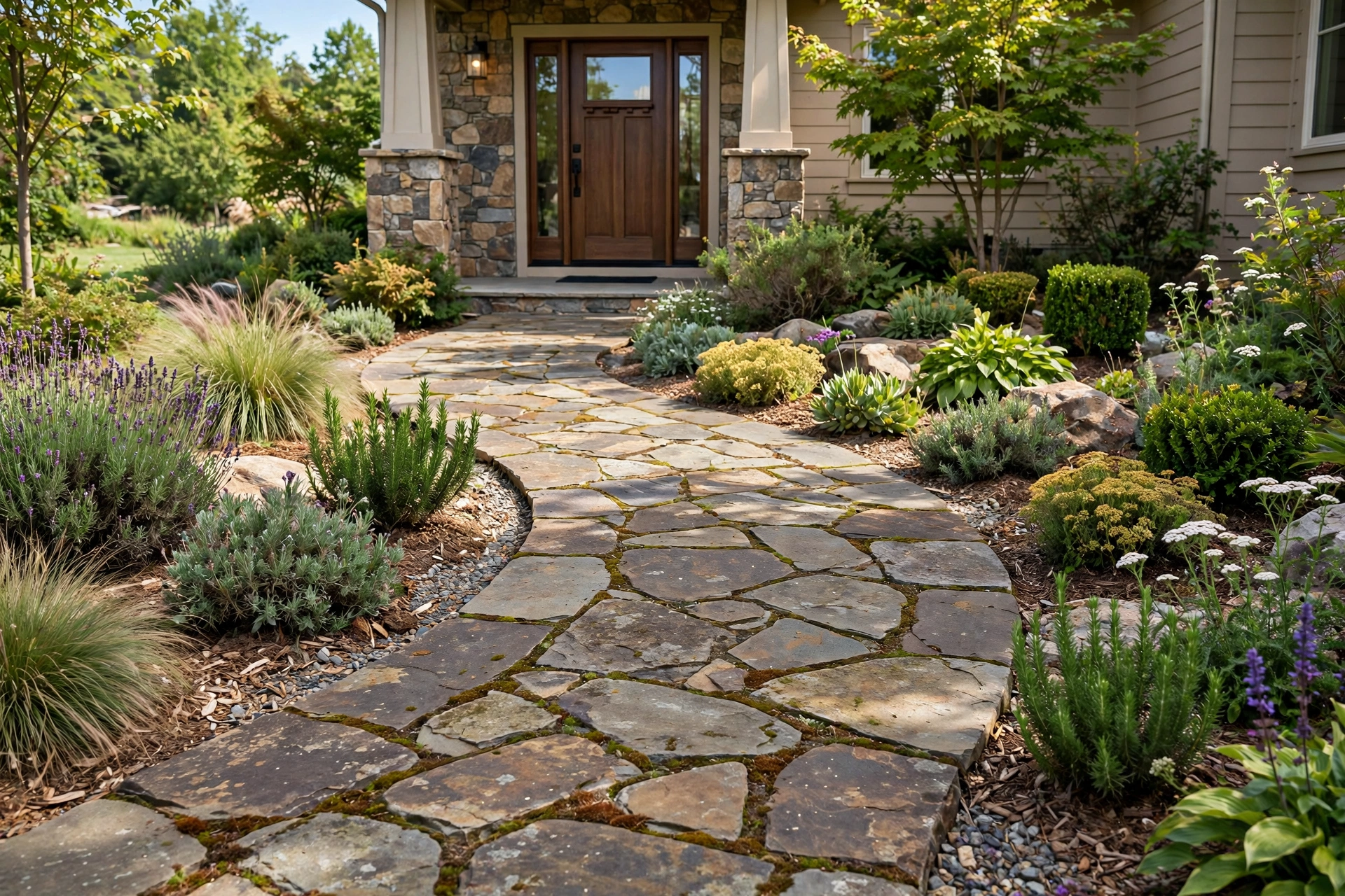 Curved natural stone walkway leading through a landscaped front yard to a front door.