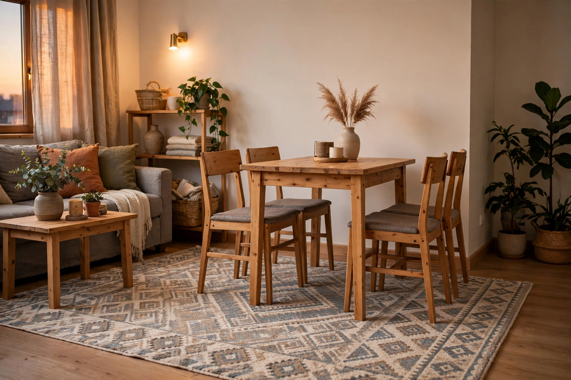 Patterned washable rug under a small dining table defining the dining zone.