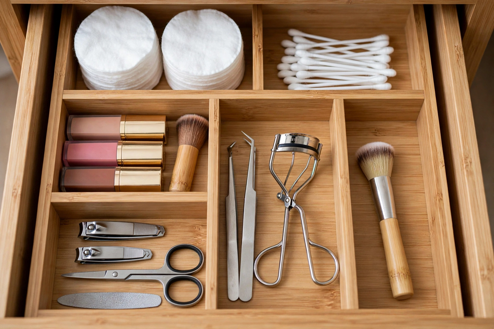 An open small bathroom vanity drawer with bamboo divider trays organizing makeup, cotton pads, and grooming tools, realistic close-up photo, no text