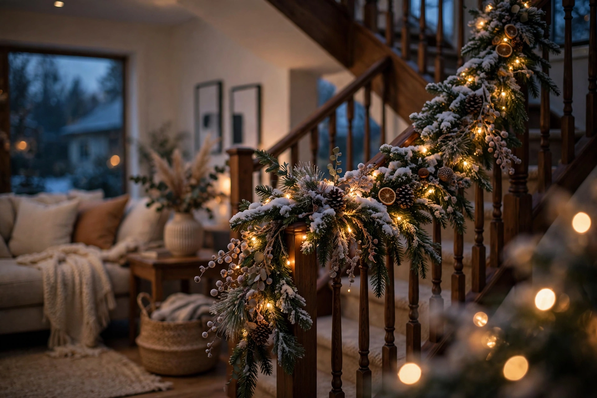 Snow-flocked garland with warm fairy lights glowing on a staircase railing at dusk.