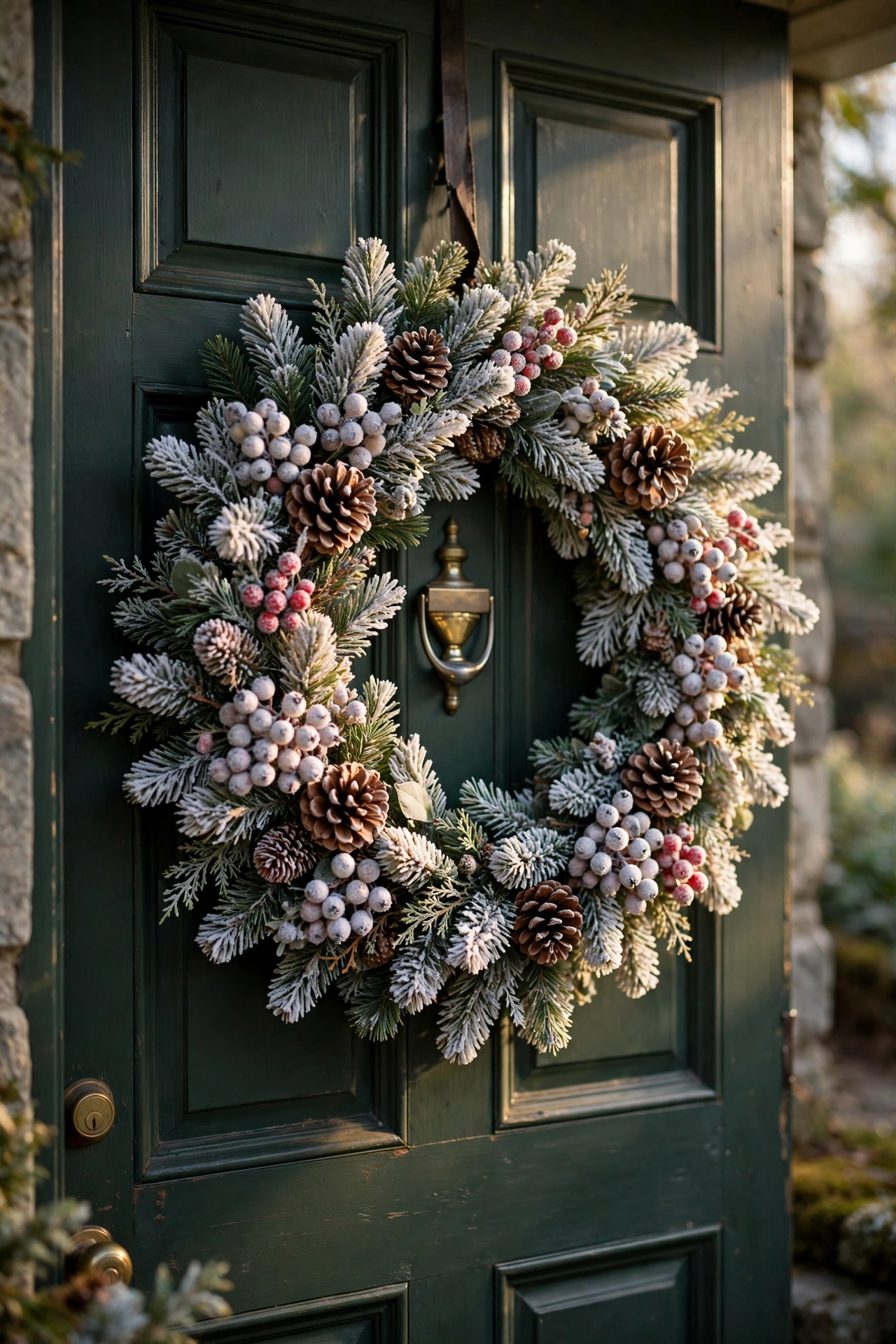 Flocked wreath with pinecones — Christmas door idea