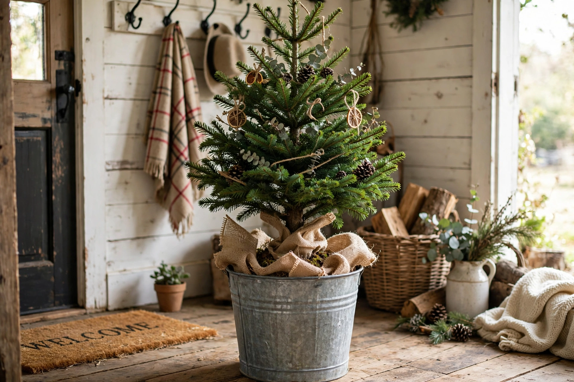 Small Christmas tree standing in a galvanized metal bucket with burlap around the trunk.