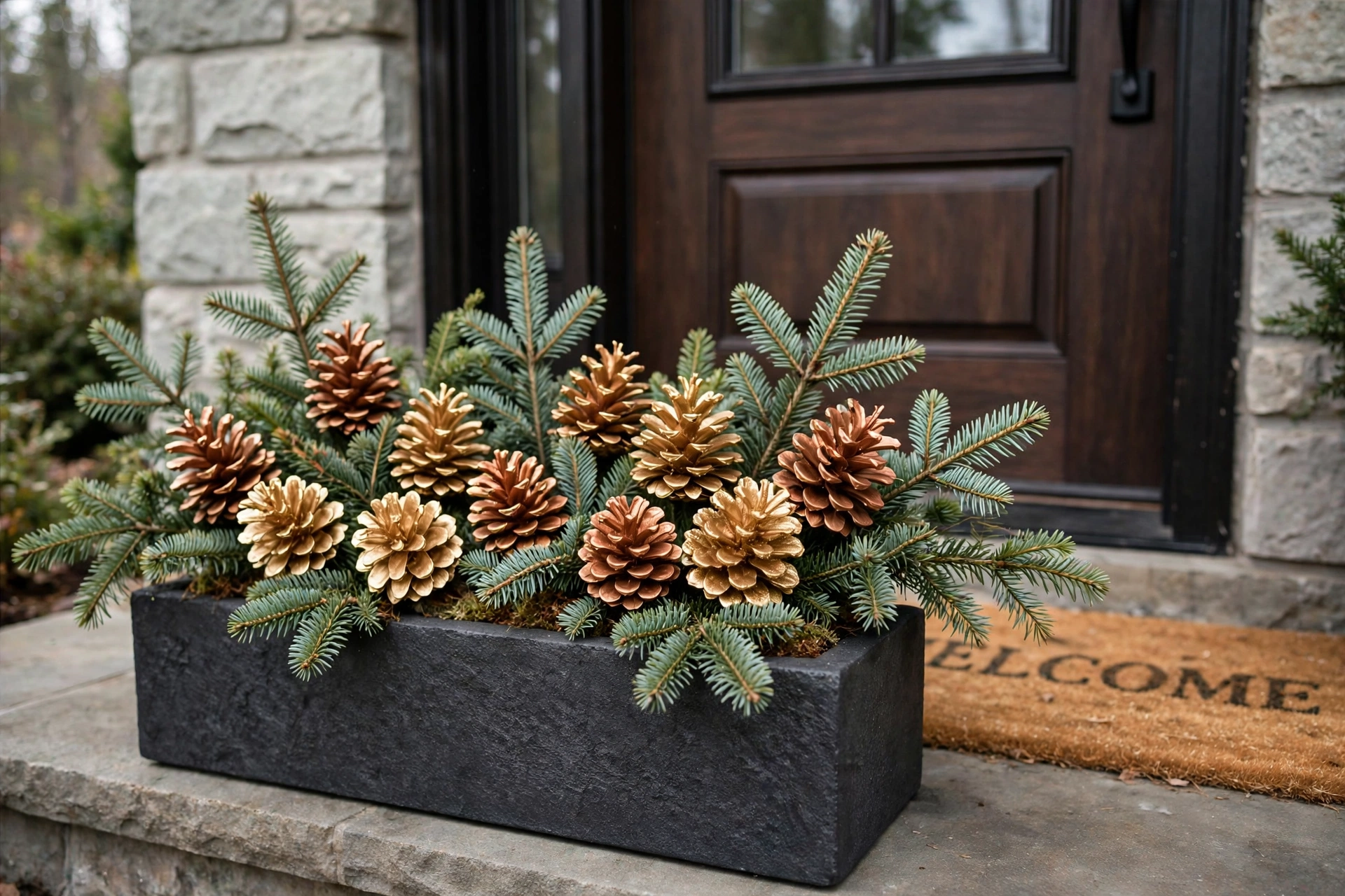 Low planter with gold and copper painted pinecones on fir branches at a front door.
