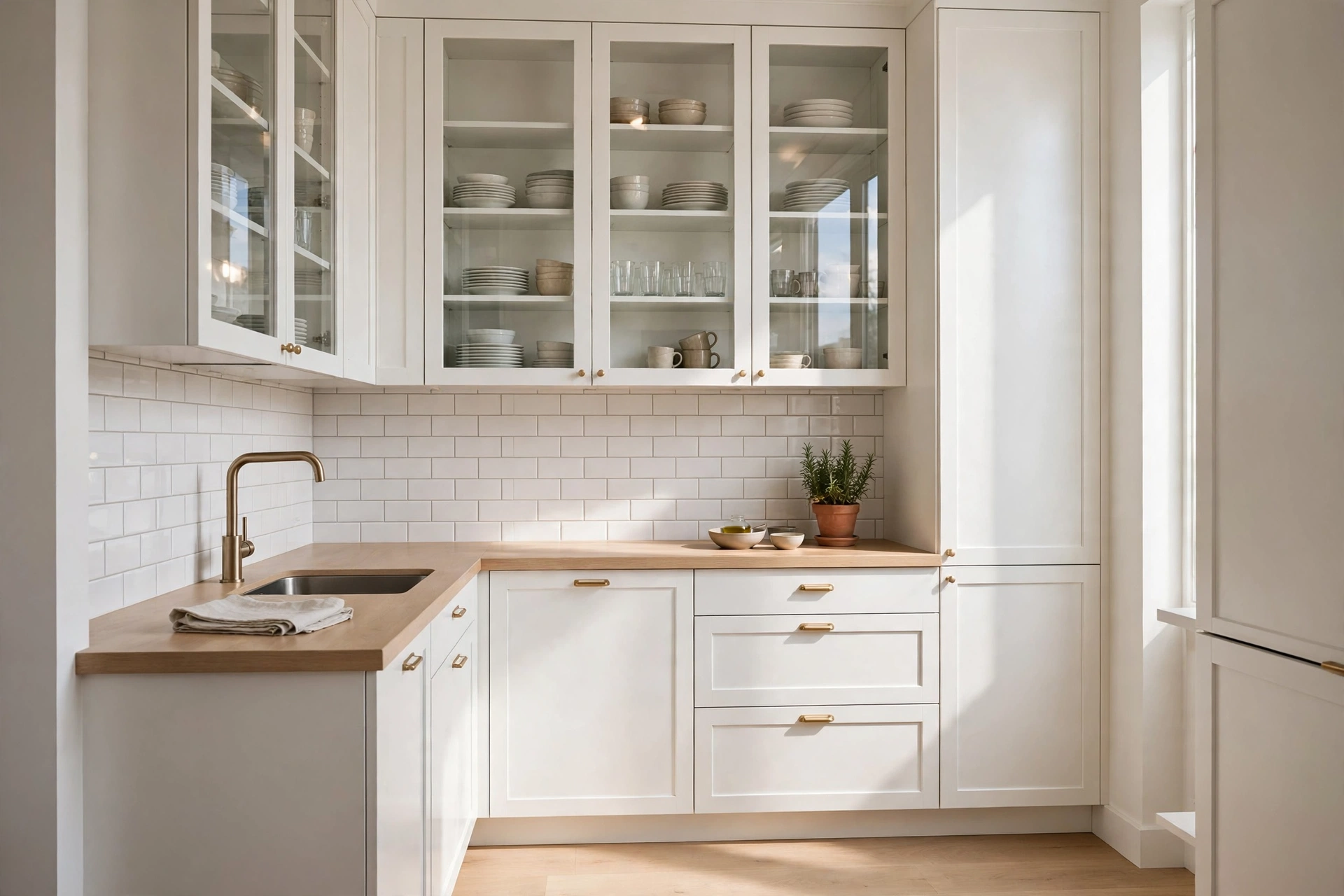 Kitchen cabinets with glass-front doors reflecting light in a compact kitchen.