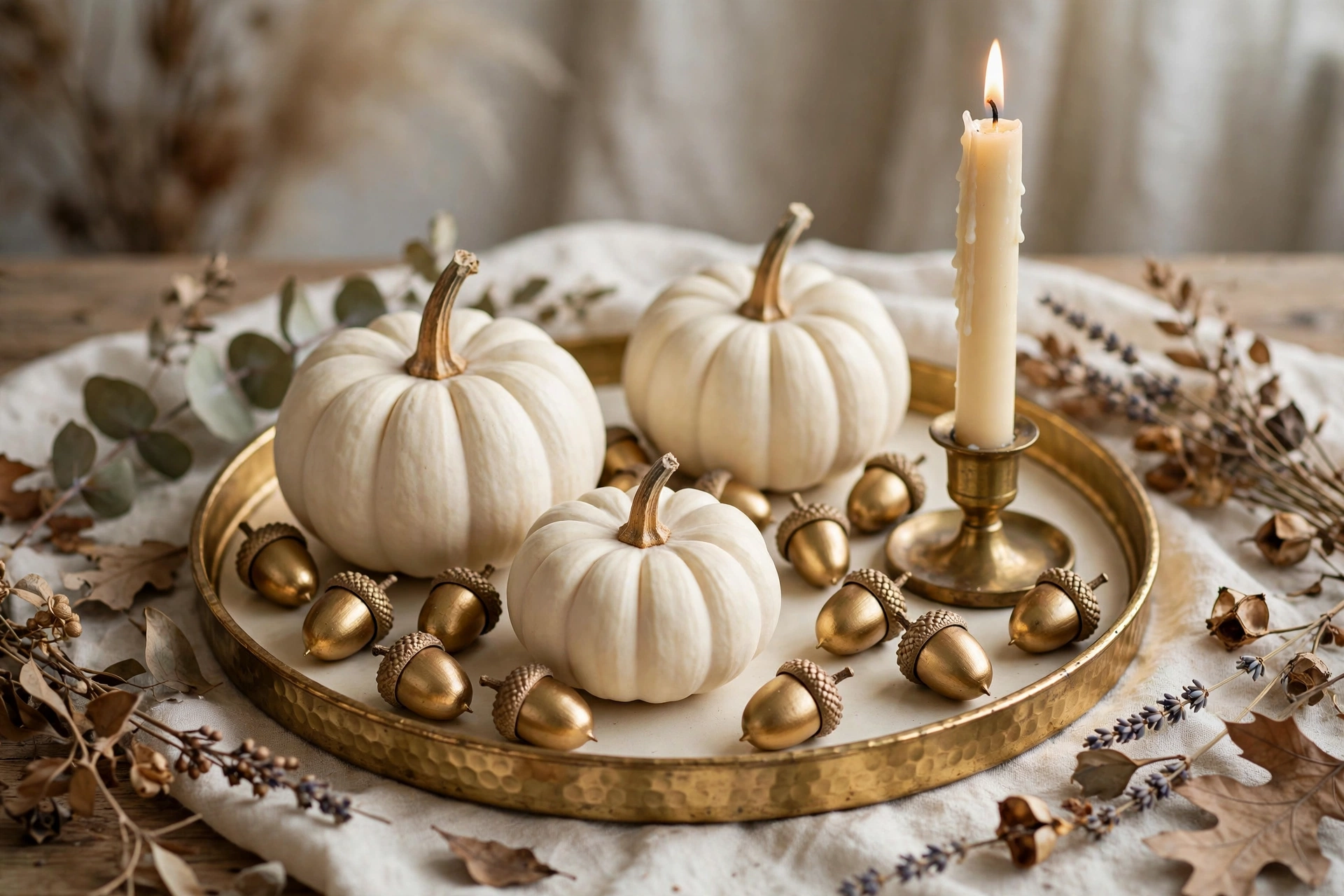 Gold-rimmed tray with white pumpkins, gold acorns, and a cream taper candle in a brass holder.