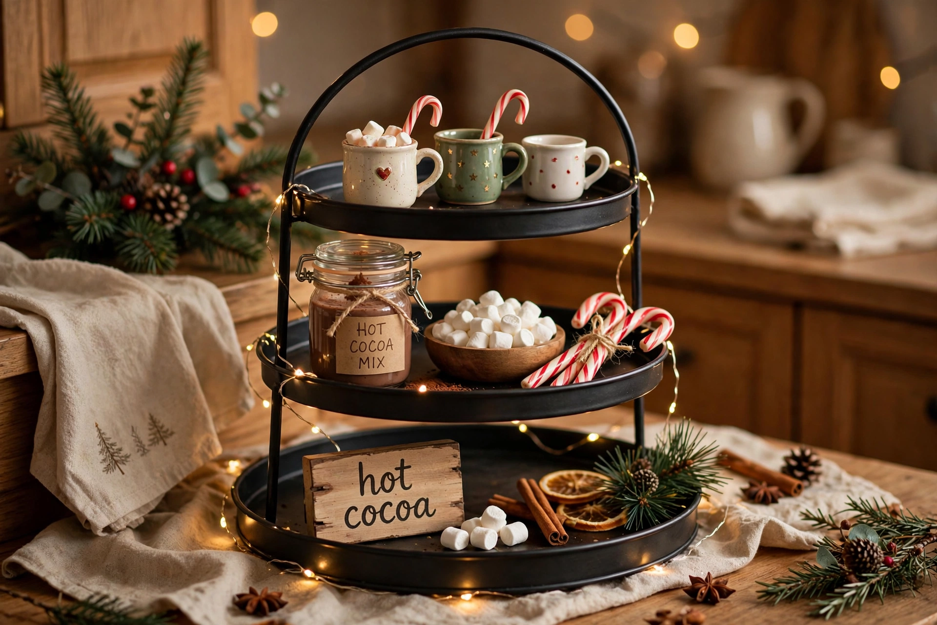 Hot cocoa bar tray — Christmas tiered tray idea