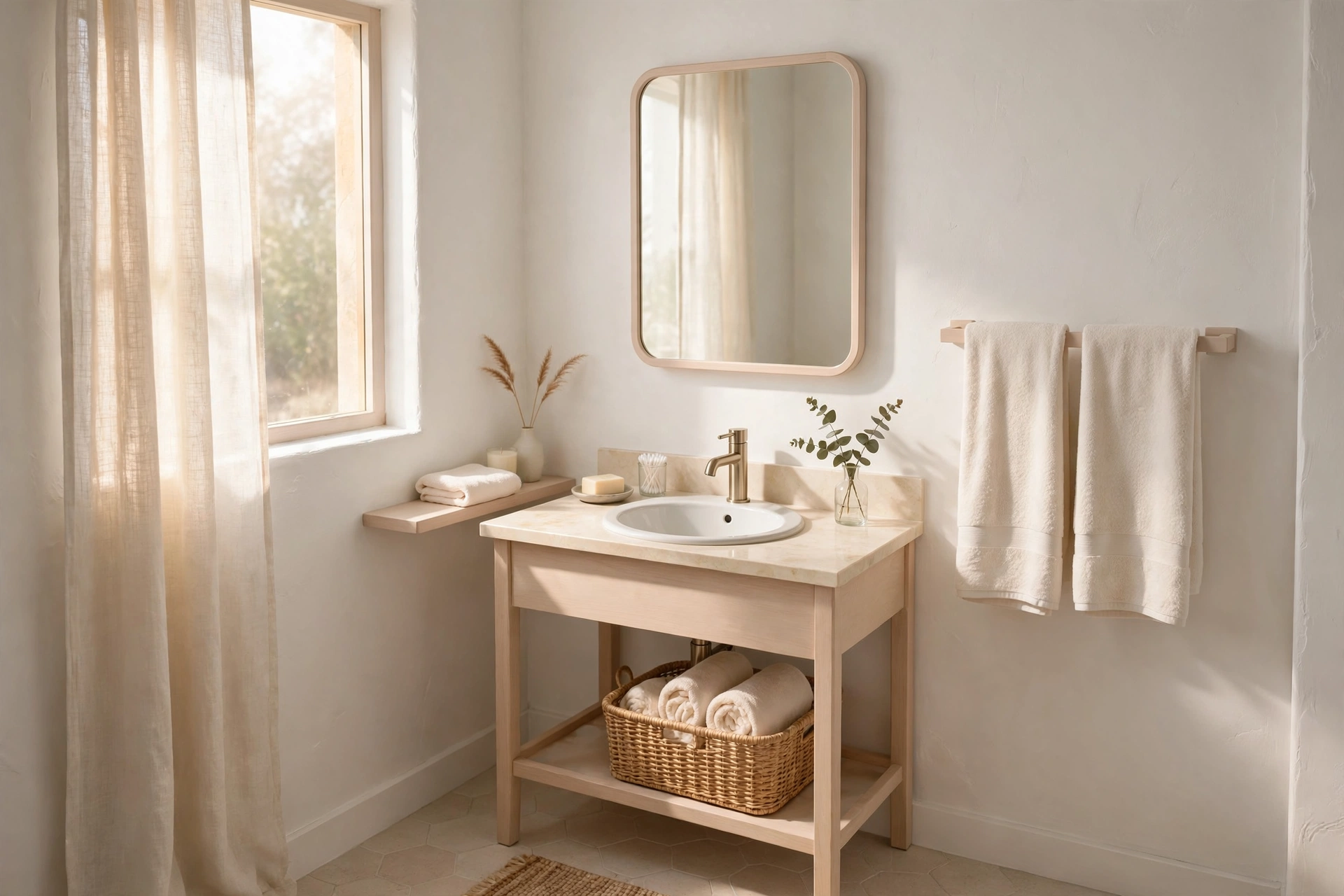 Light neutral palette in a small bathroom — small bathroom decor idea