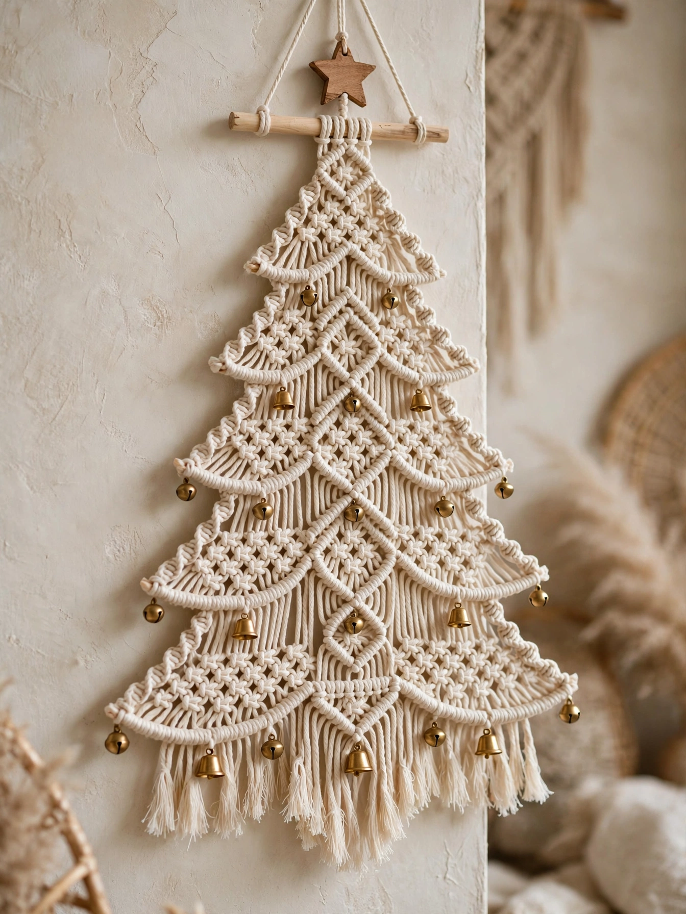 Macrame Christmas tree wall hanging with cotton cord knots, wooden star, and brass bells on a dowel.