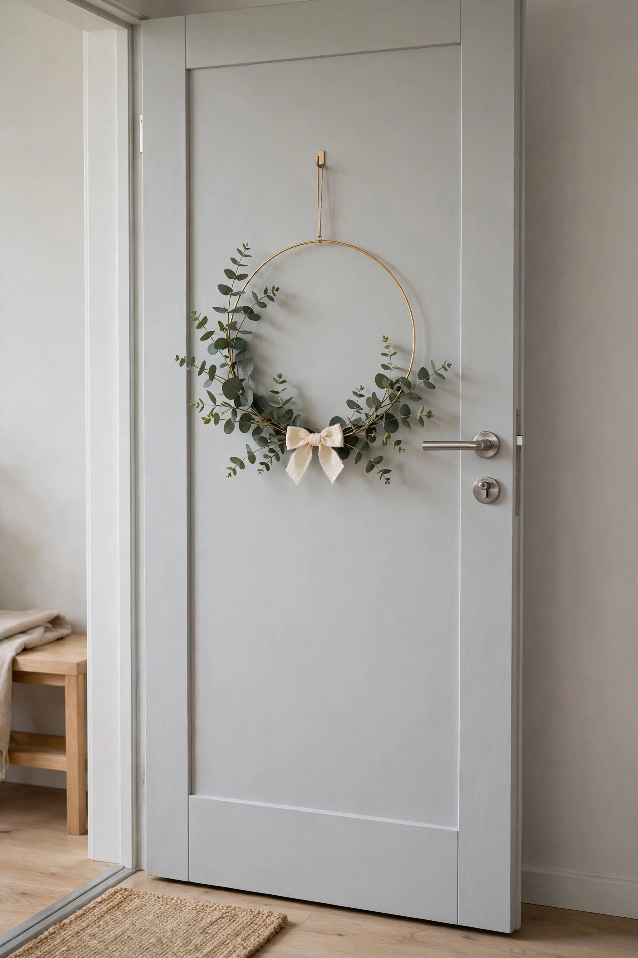 Minimalist gold hoop wreath with fresh eucalyptus sprigs and a small cream bow on a light gray apartment door.