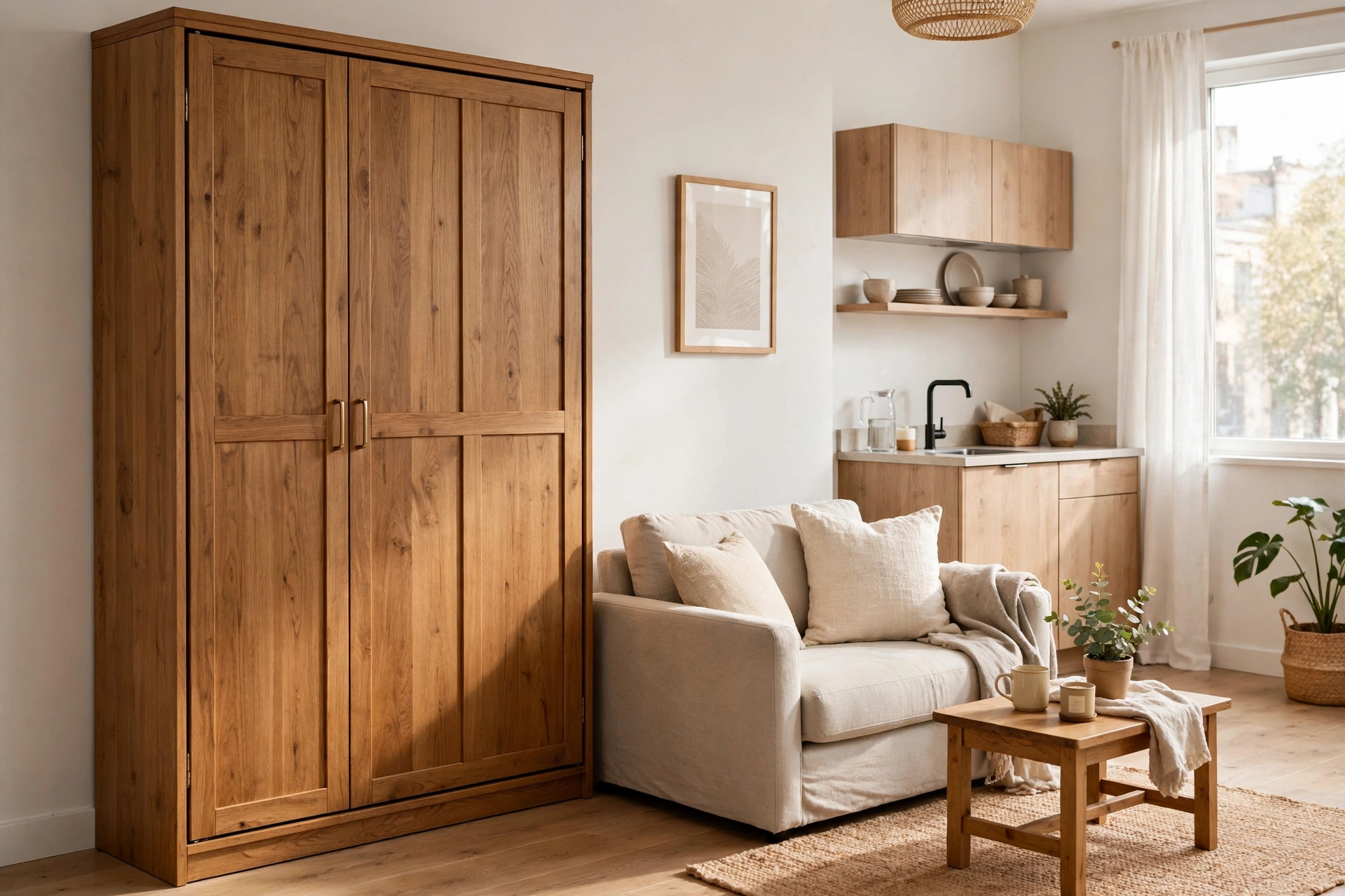 A studio apartment with a folded-up Murphy bed styled like a cabinet beside a sofa