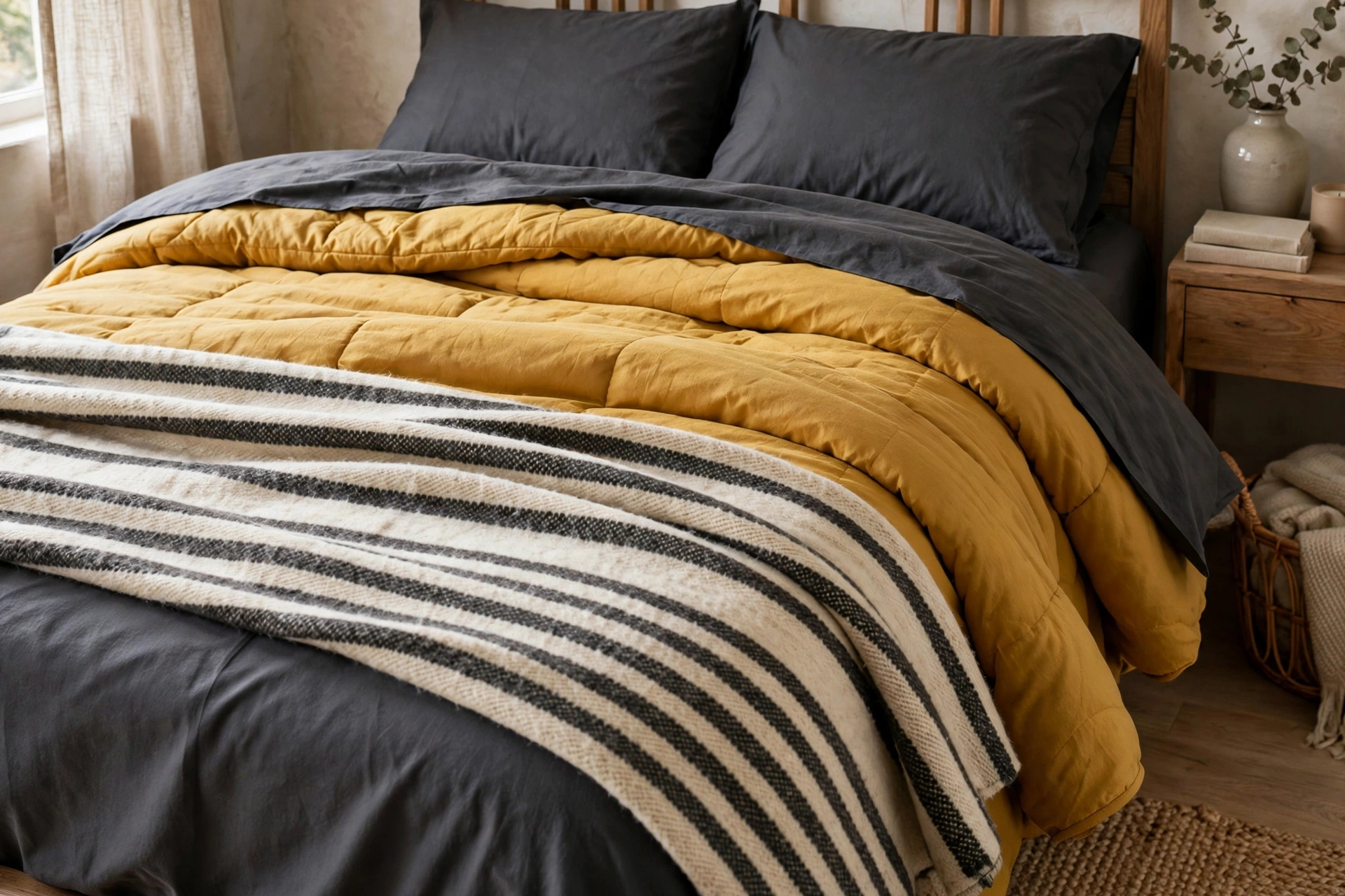 Mustard yellow duvet layered over charcoal sheets with a striped wool throw.
